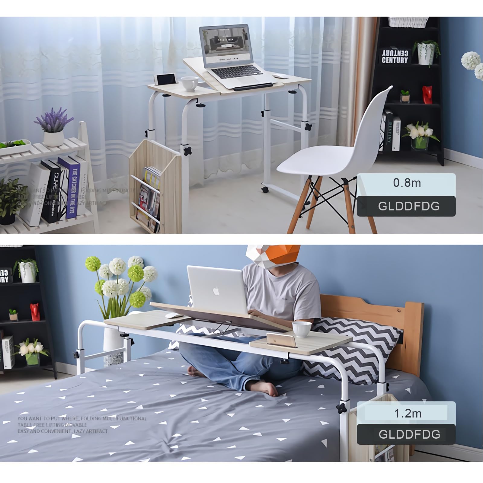 Adjustable Overbed Table with Wheels - Mobile Laptop Desk Cart with Tilt Stand & Storage Shelf - Rolling Tray Table for Hospital, Home Office, Bedroom (White, 31