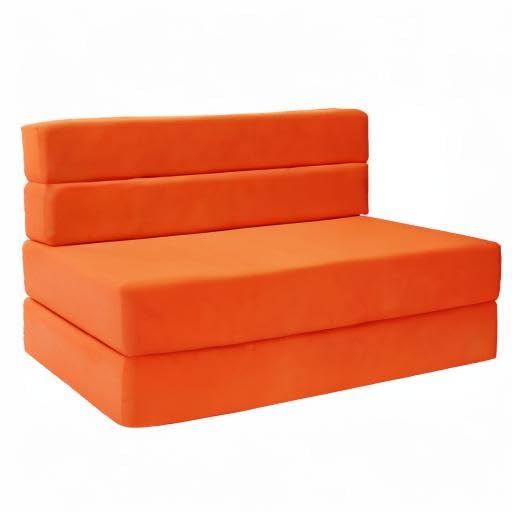 D&D Futon Furniture Folding Foam Mattress - Full Size Sofa Bed with Orange Cover | Convertible Guest Bed for Small Spaces, Dorm Rooms & Apartments | Multi-Functional Sleeper Chair for Living Room & Home Office