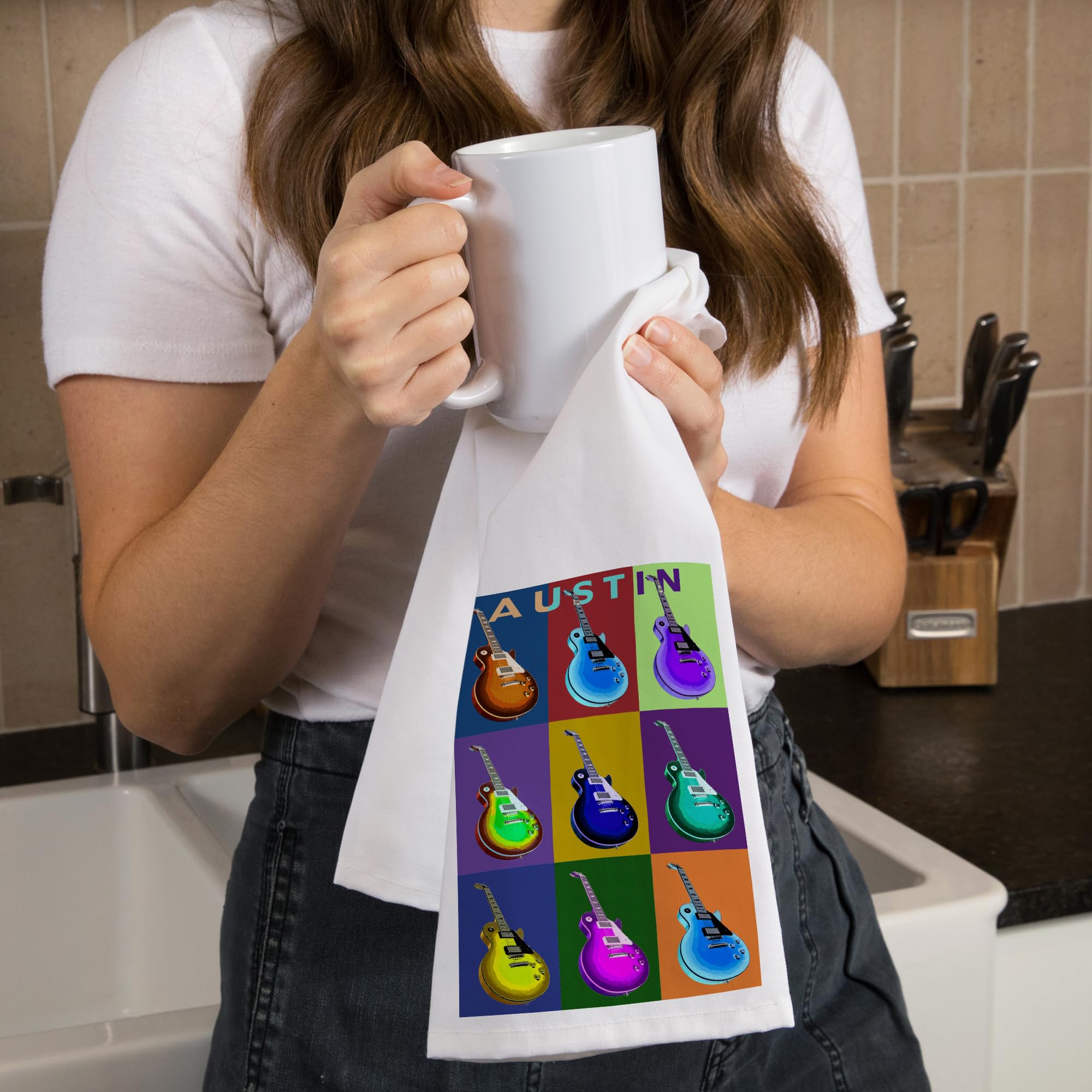 Lantern Press Austin Texas Guitar Pop Art Cotton Tea Towel - 100% Cotton Decorative Hand Towel for Kitchen & Home Decor - Perfect for Dish Drying, Wall Art, and Gift Giving