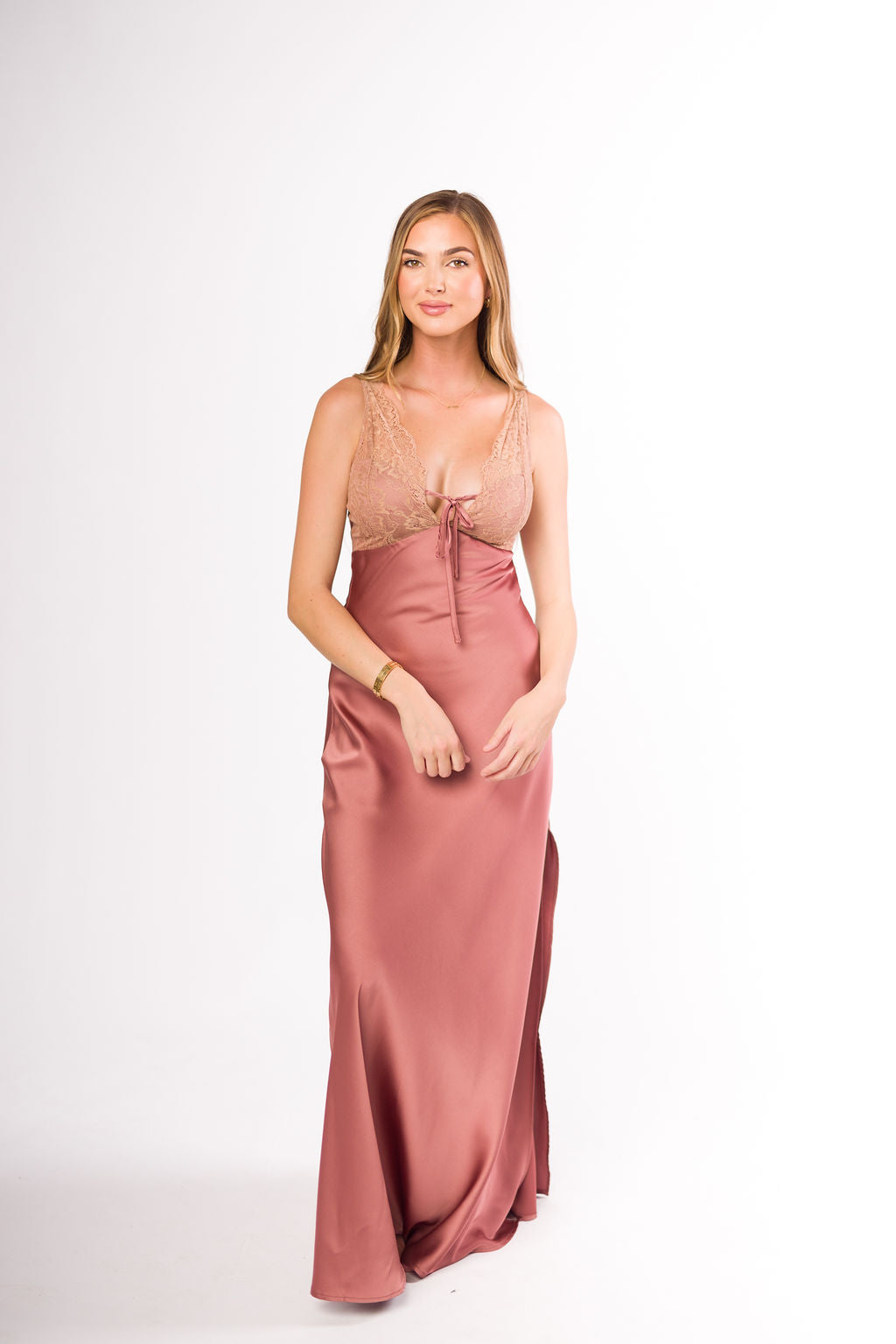 Christina Lace & Satin Contrast Maxi Dress in Blushed Cashmere - Elegant Evening Gown for Weddings, Parties & Special Occasions | Women's Formal Long Dress with Floral Lace Details