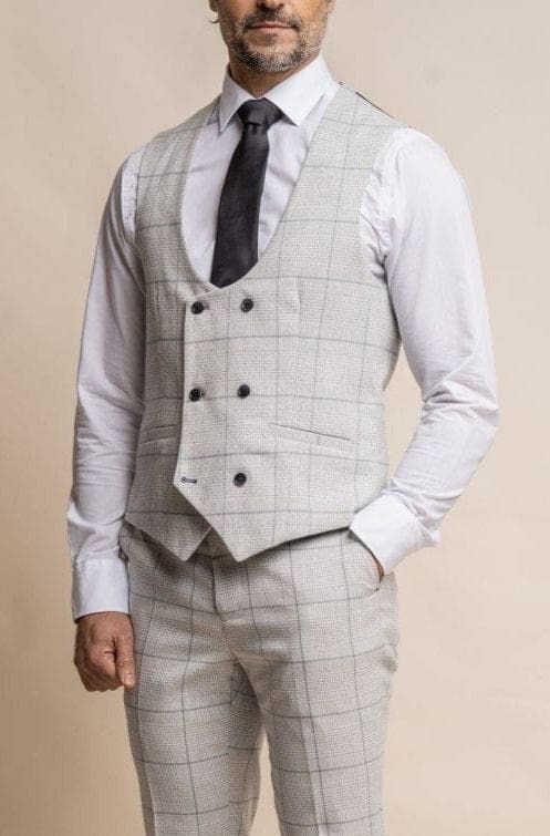 Cavani Light Grey Check Radika Waistcoat for Men - Stylish Slim Fit Vest for Business, Wedding & Formal Events