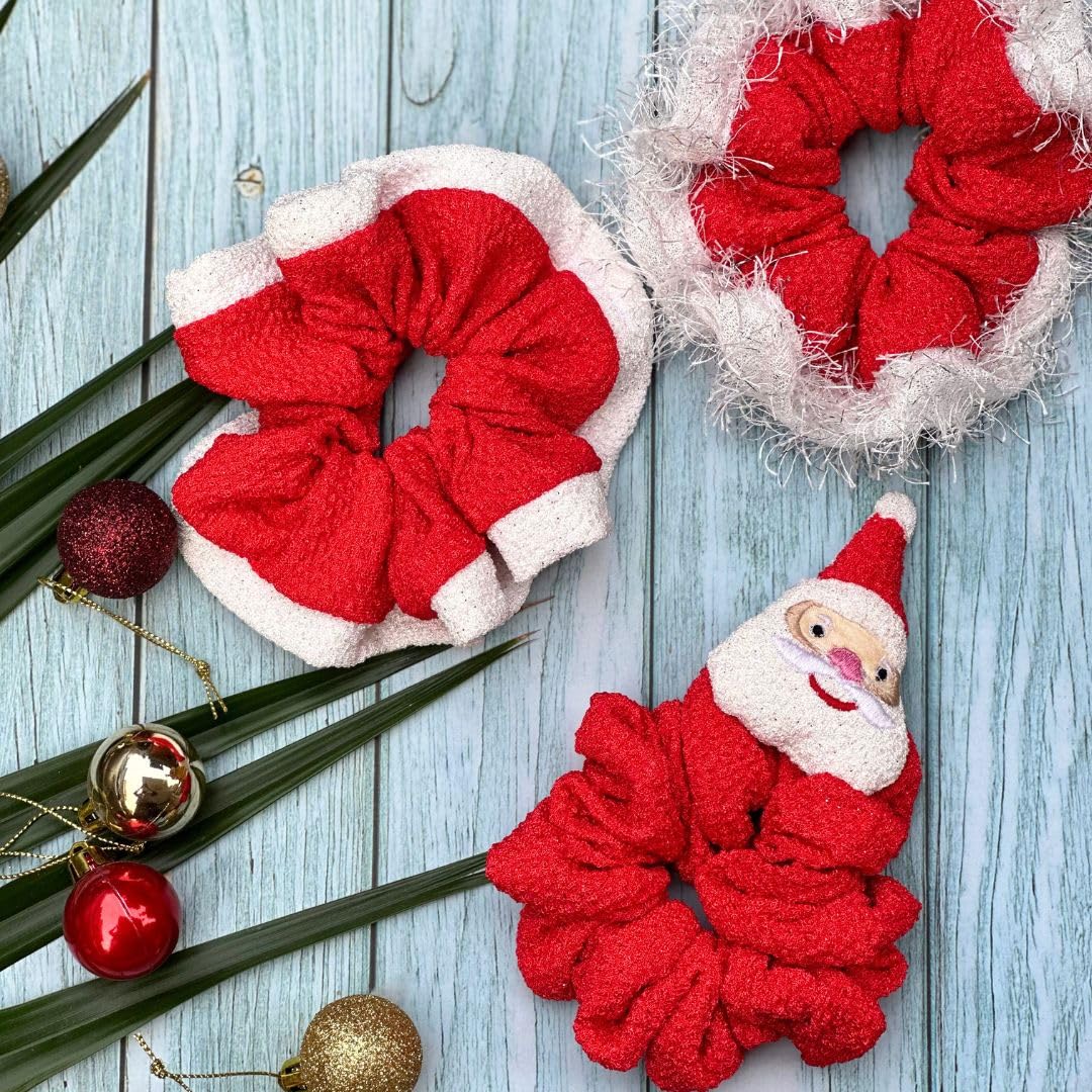 Santa Theme Hair Scrunchies 3-Piece Set for Women - Christmas Ponytail Holders, Red Velvet Scrunchies, Festive Holiday Hair Accessories - Perfect Christmas Gift for Her, Office Party & Family Gatherings