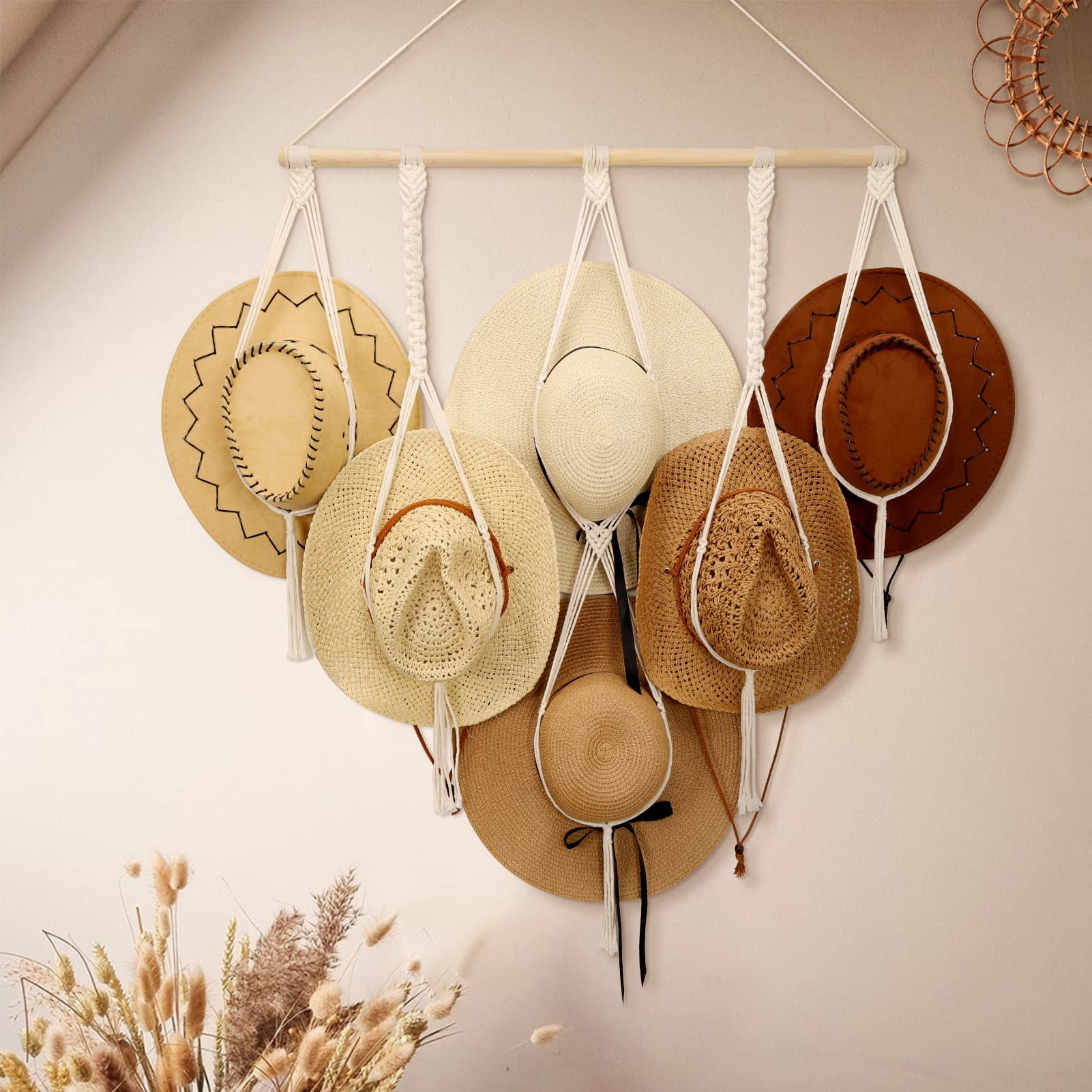 Boho Macrame Hat Hangers for Wall - Decorative Hat Rack Organizer for Wide Brim Hats, Sun Hats & Cowboy Hats - Perfect for Bedroom, Closet & Entryway Storage