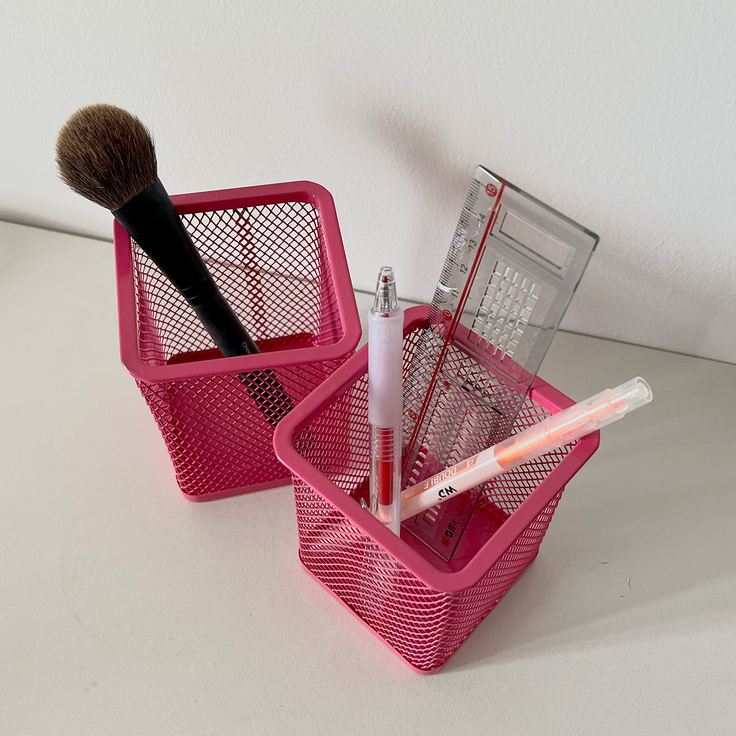 2-Pack Metal Wire Mesh Pencil Holder - Stylish Desk Organizer for Pens, Markers & Office Supplies | Space-Saving Home & Office Storage Solution (Pink) - Perfect for Work Desks, Study Rooms & Craft Stations