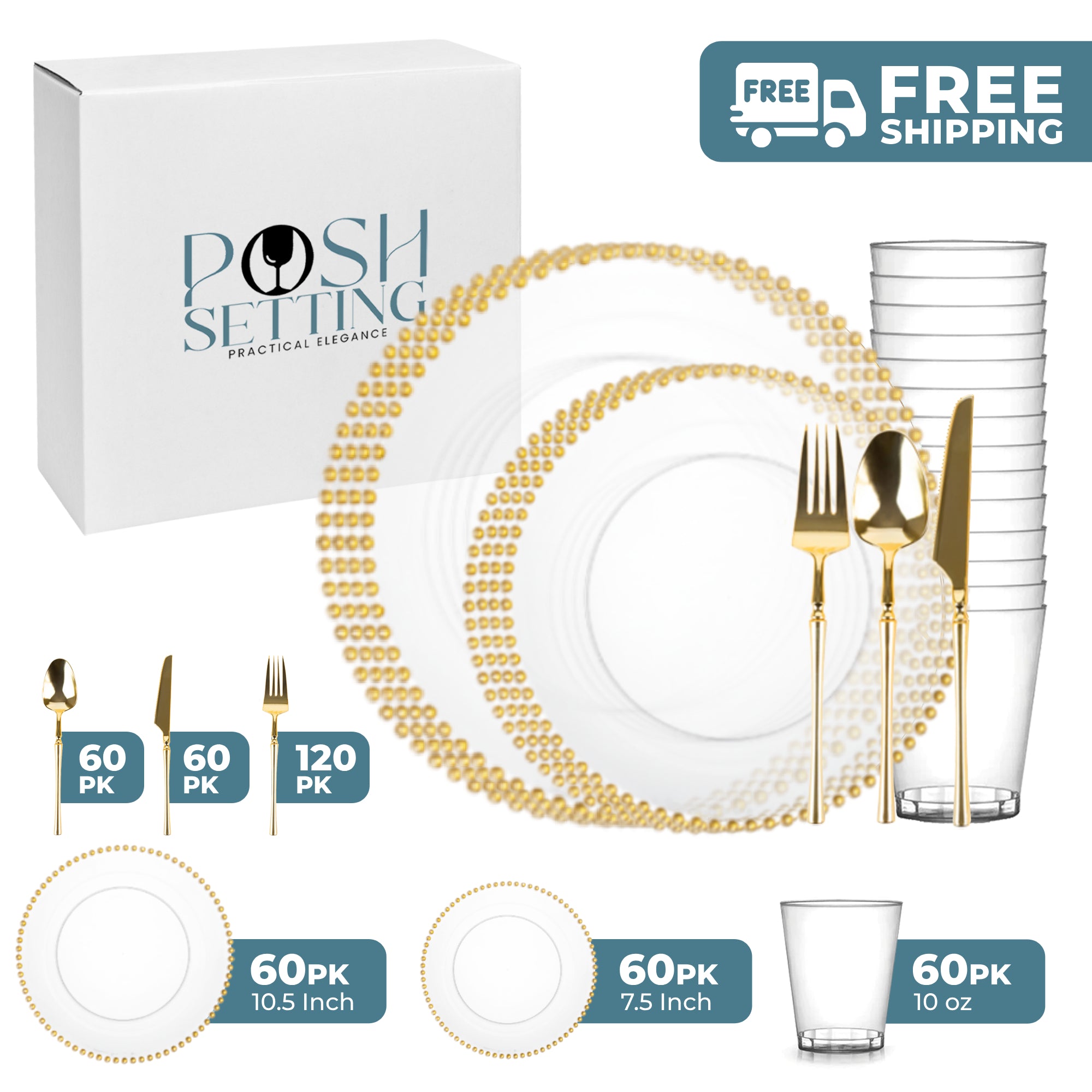 Clear and Gold Plastic Party Bundle with Beaded Decorations - Perfect for Birthday Celebrations, Weddings, and Special Events
