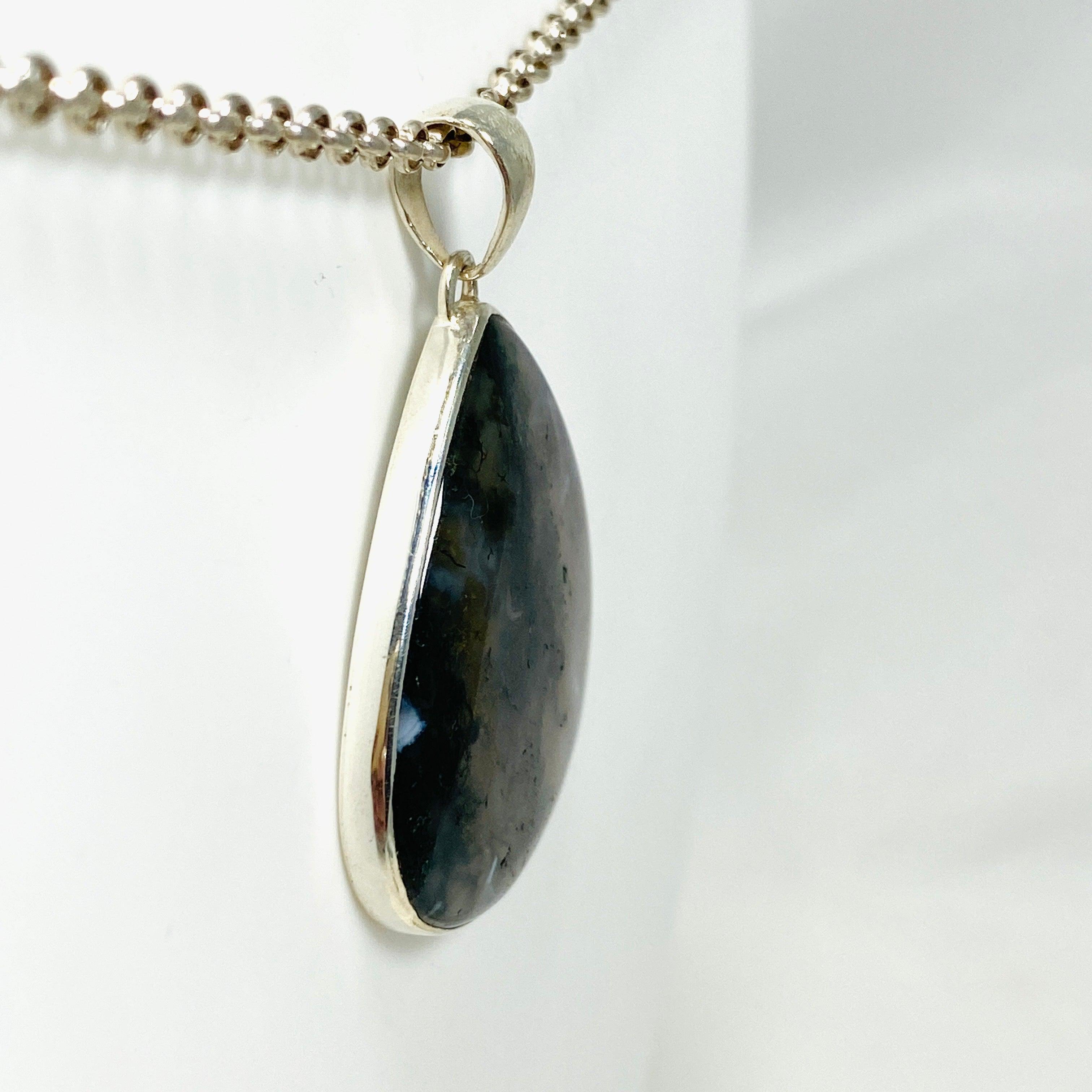 Natural Moss Agate Teardrop Pendant Necklace - 925 Sterling Silver Jewelry KPGJ3623 | Elegant Gift for Women, Boho Chic Accessory for Everyday Wear & Special Occasions