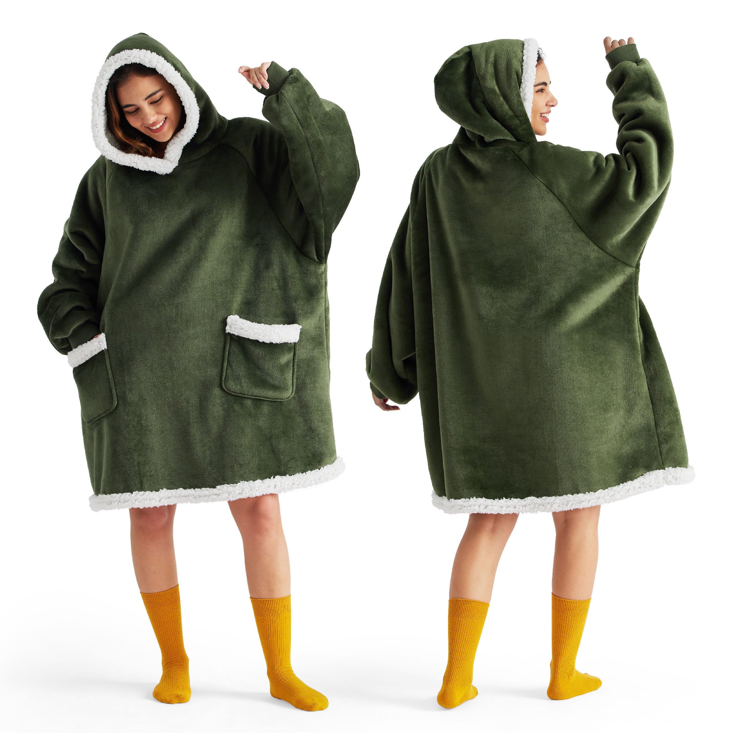 Bedsure Wearable Blanket Hoodie for Adults & Kids - Soft Fleece Sherpa Blanket with Sleeves, Perfect Birthday Gift for Women, Men, Mom - Mothers Day Gift Idea - Olive Green Small - Cozy for Movie Nights, Camping & Lounge at Home