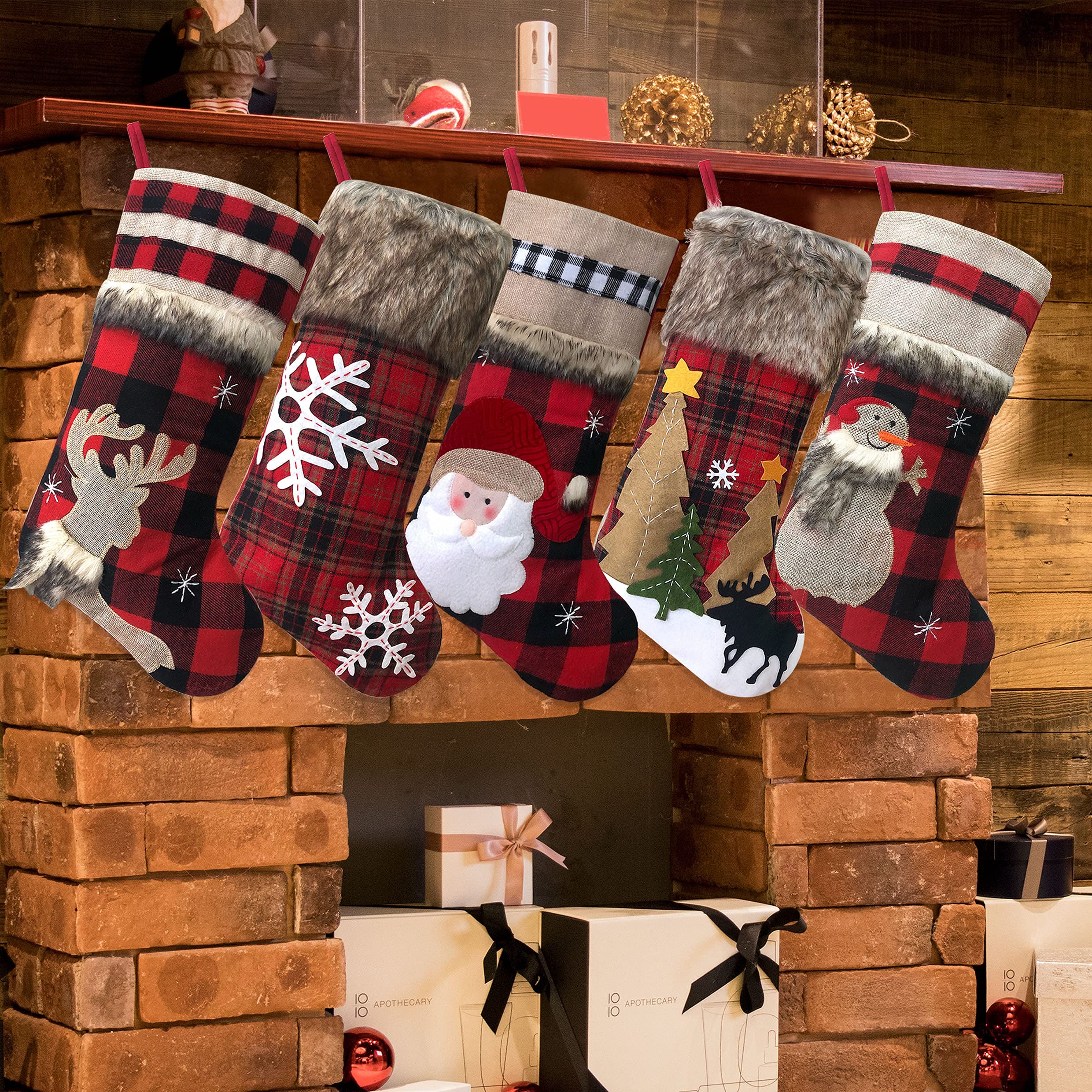 BRvieluck Christmas Stockings Set of 5 - Buffalo Red Plaid with Soft Faux Fur Trim, Large 20 Inch Holiday Stockings for Fireplace Decor, Family Gift Exchange, Xmas Party & Festive Home Decoration (5 Pack) - Perfect for Christmas Morning, Santa Gifts, and Cozy Winter Celebrations
