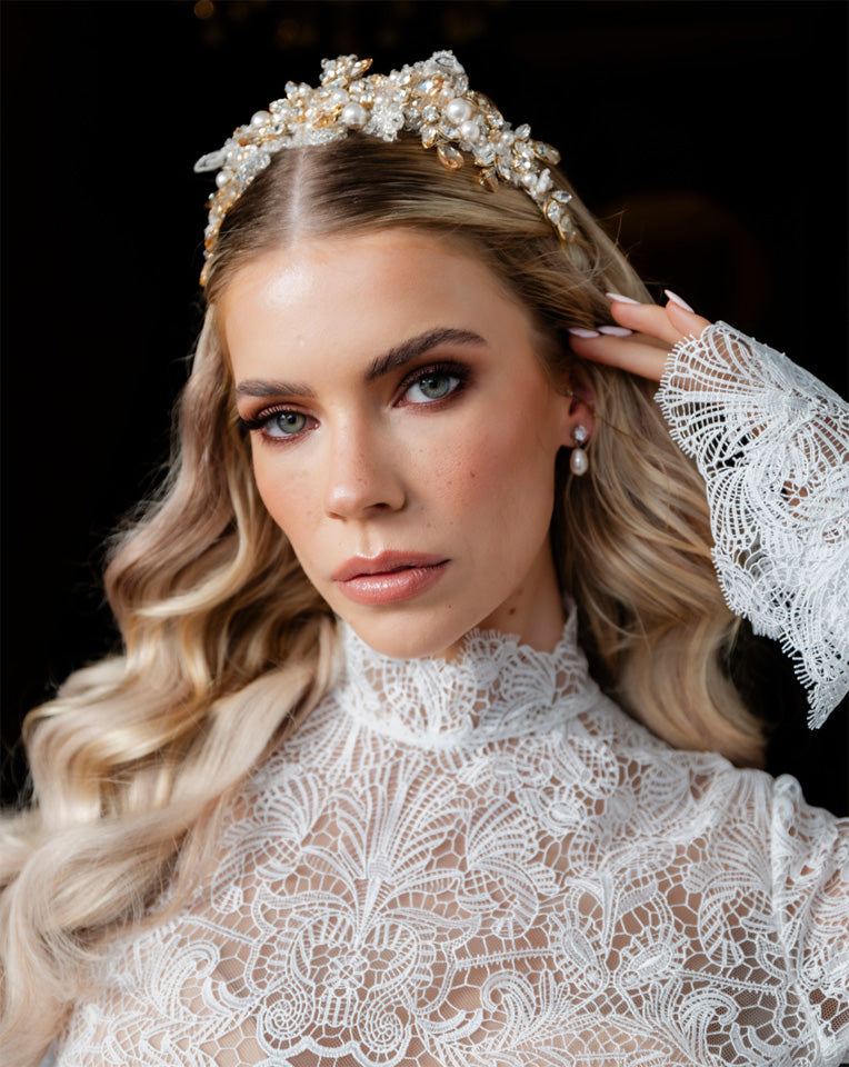 Elegant Bridal Headpiece - Grace Kelly Inspired Lace Headband with Pearls & Crystals | Adonia by Kezani | Perfect for Weddings & Formal Events