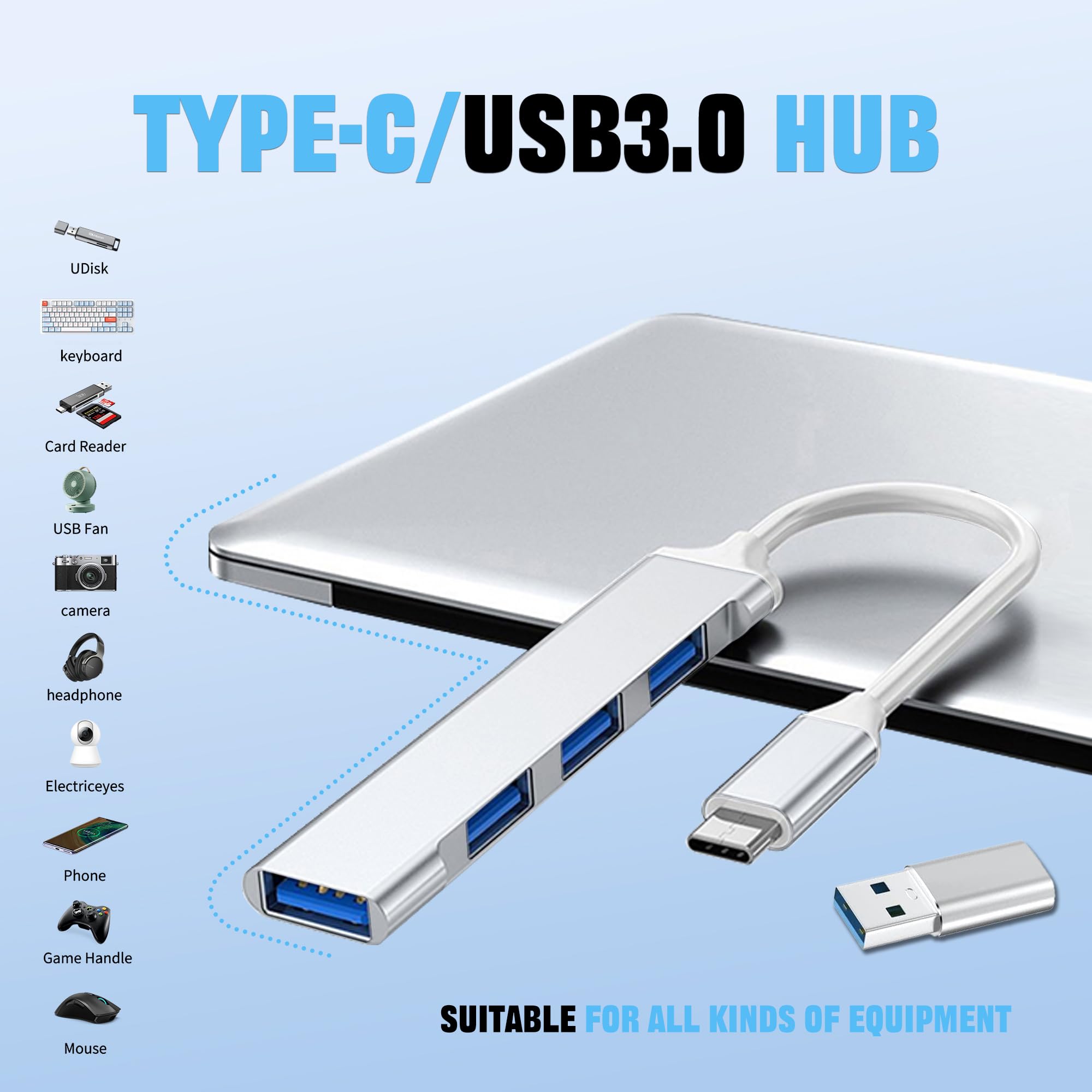 4-in-1 USB C Hub Adapter - 3 USB 2.0 & 1 USB 3.0 Ports, Ultra Slim Portable USB C Dongle for MacBook Pro/Air, iMac, Surface Pro, XPS & Windows Laptops - Perfect for Office, Travel & Home Use (Silver)