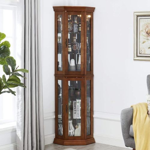 Walnut Corner Curio Cabinet with LED Lights - Adjustable Tempered Glass Shelves & Mirrored Back Display Case - Perfect for Living Room, Dining Room or Bedroom Decor - Showcase Collectibles, China & Home Decor Items