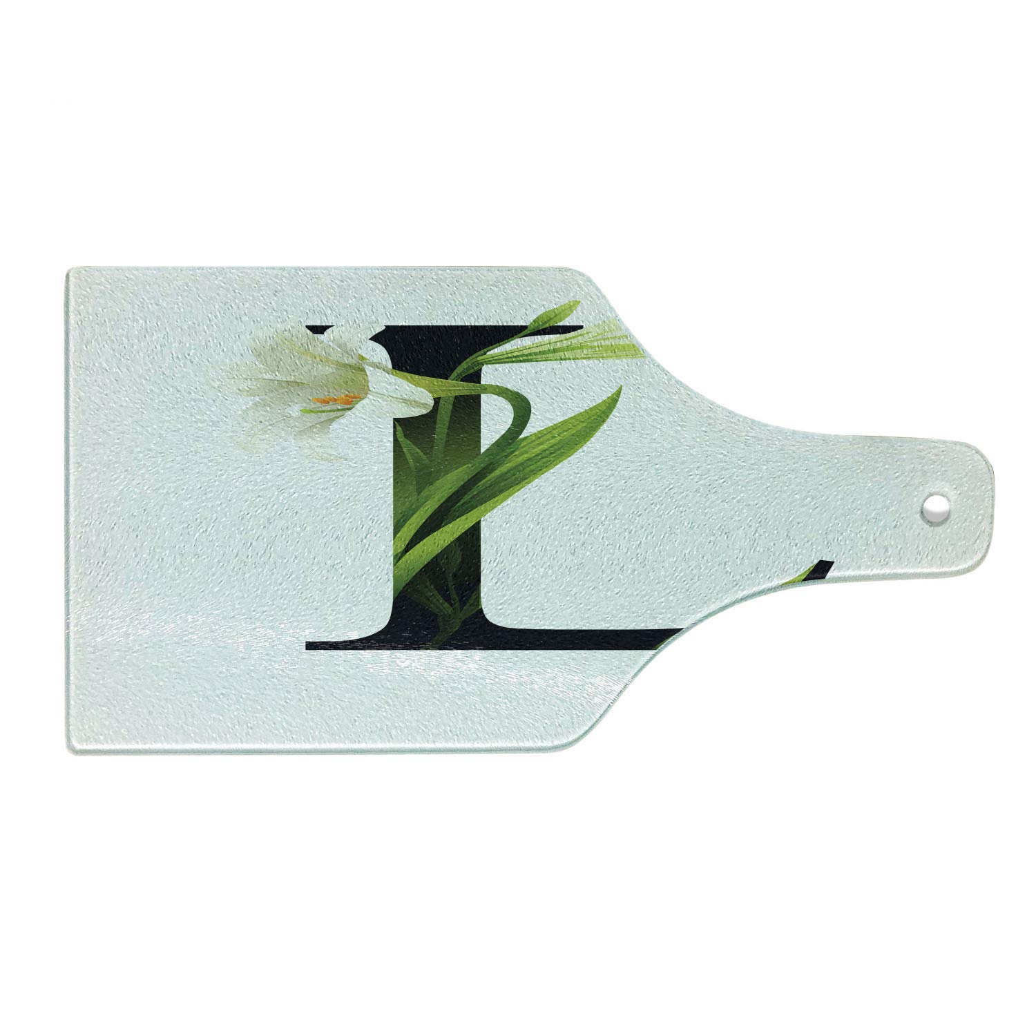 Ambesonne Letter L Cutting Board - ABC Typography Capital L with Lily Floral Design, Tempered Glass Serving Board for Kitchen & Dining - Wine Bottle Shape in Green, White & Black - Perfect for Cheese Platters, Charcuterie & Party Appetizers