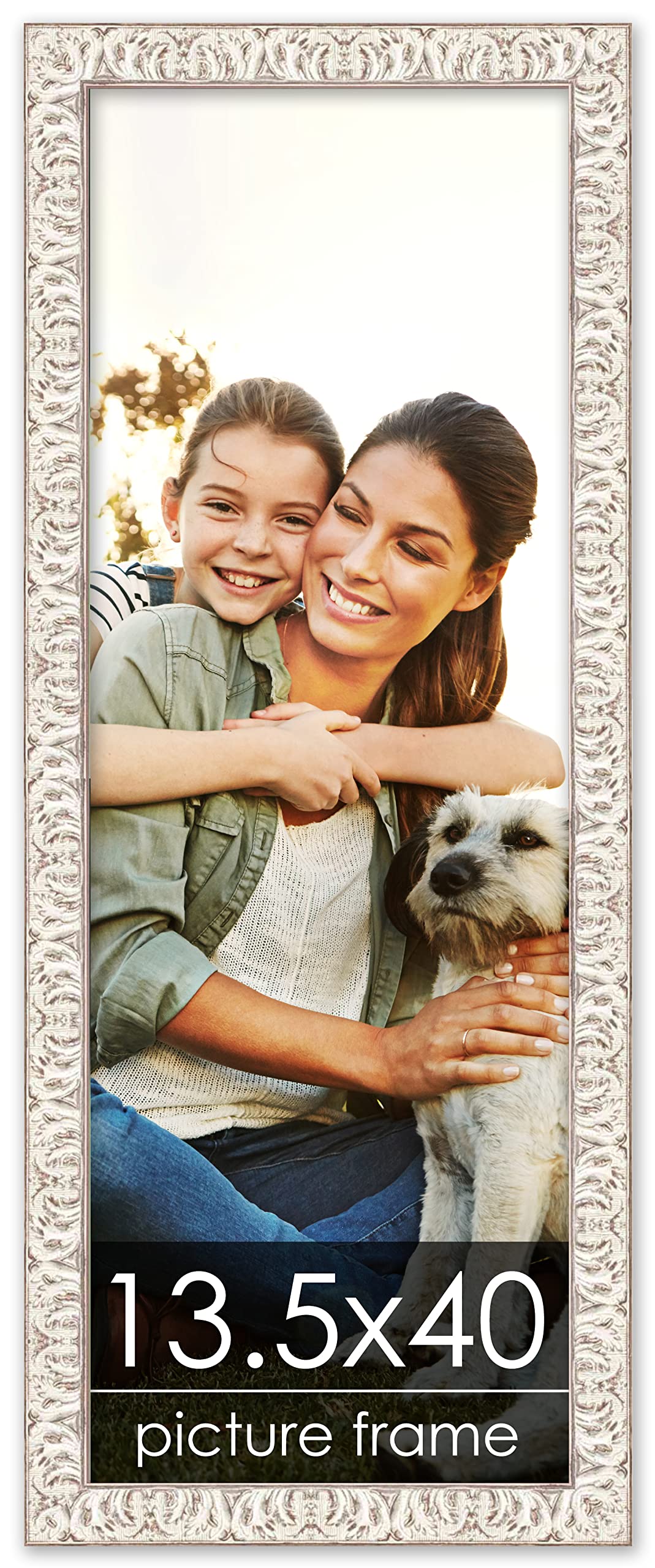 13.5x40 Ornate White Washed Wood Panoramic Picture Frame with UV Acrylic, Foam Board Backing & Hanging Hardware - Perfect for Wedding Photos, Landscape Artwork, and Large Poster Displays in Living Rooms, Galleries, or Offices