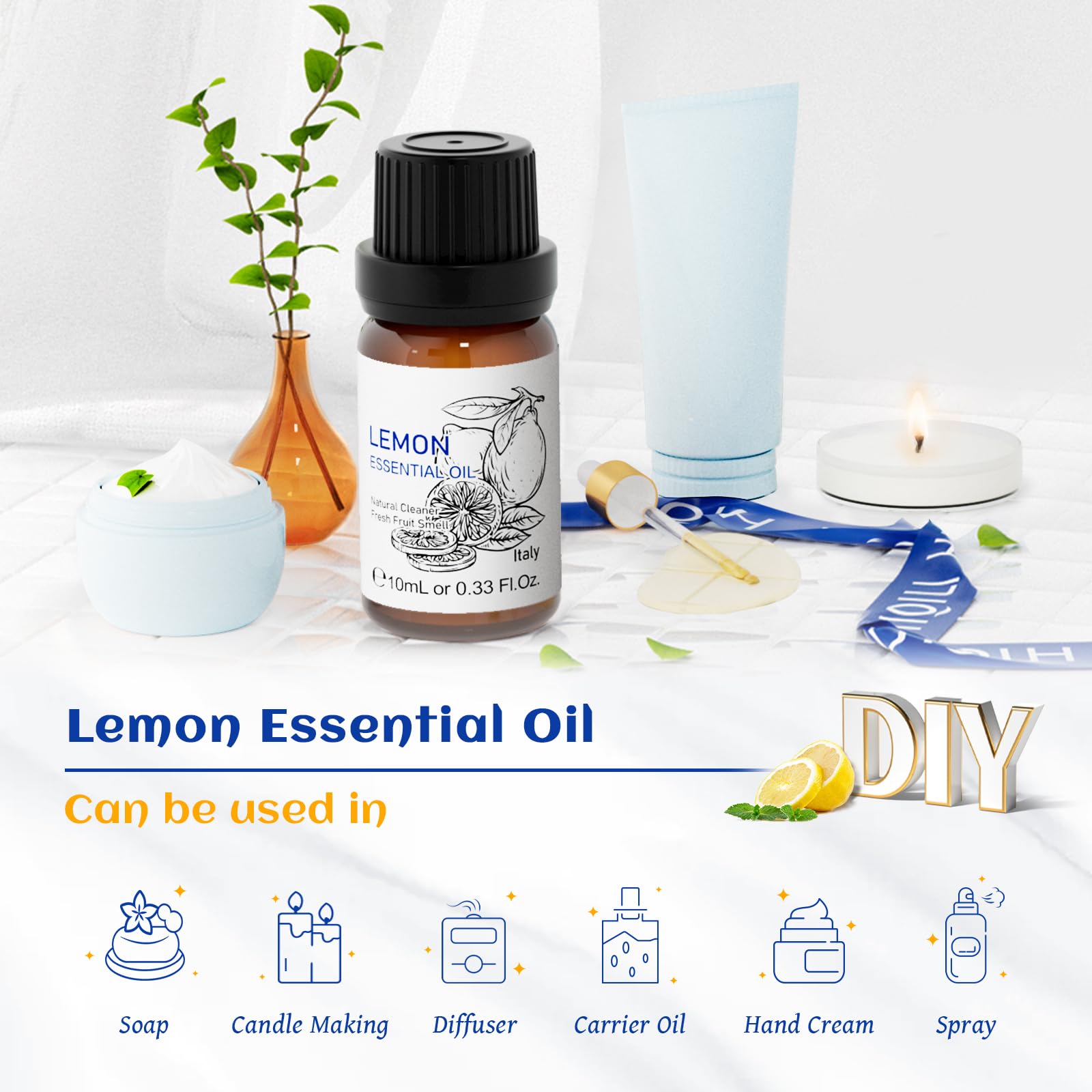 HIQILI Pure Lemon Essential Oil - 10ml (0.33 Fl Oz) for Aromatherapy, Natural Cleaning, Skin Care | Perfect for Diffusers, DIY Beauty Products & Home Freshening