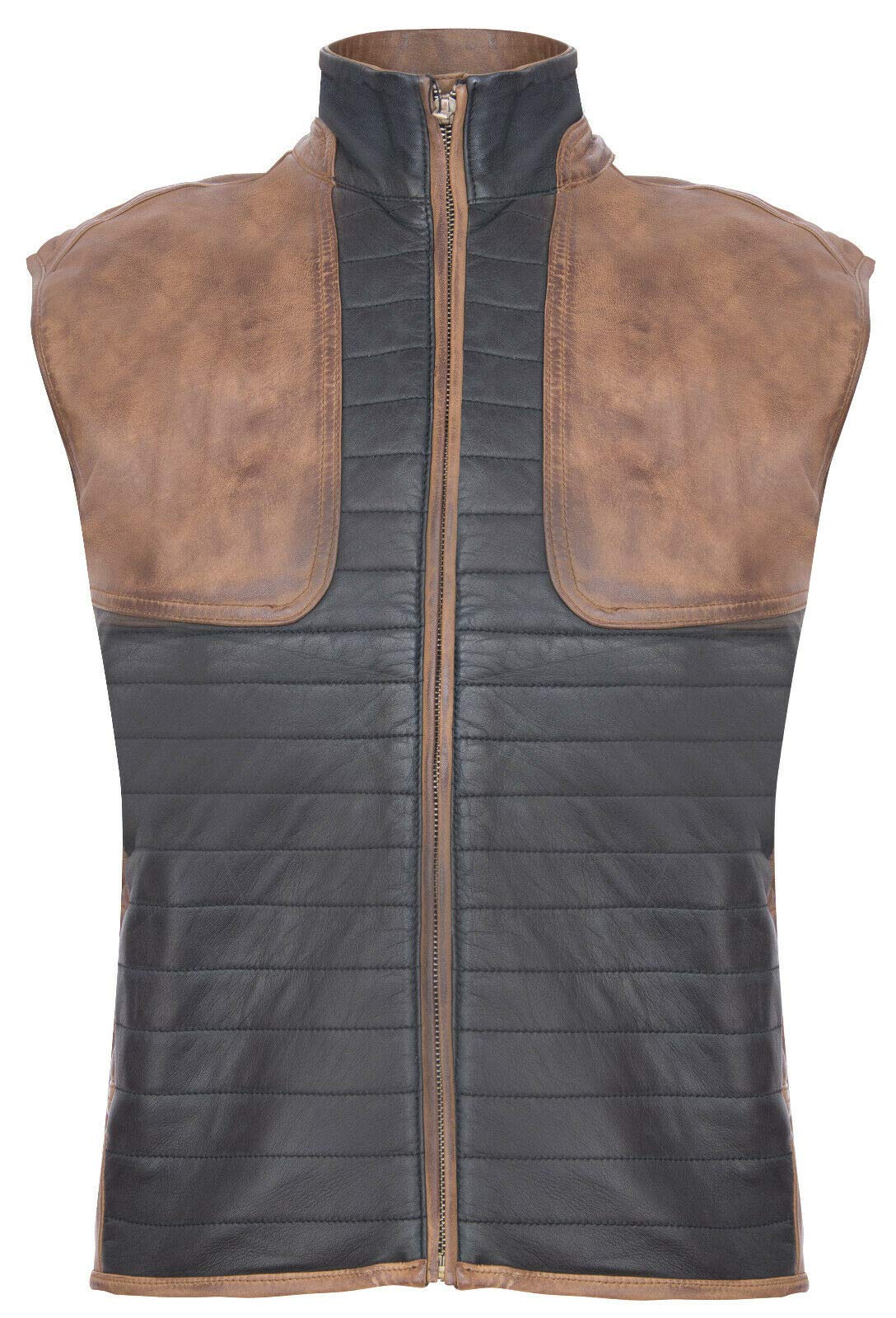 Men's Black & Brown Leather Puffer Vest - Sleeveless Quilted Waistcoat Gilet for Winter Warmth | Outdoor Hiking, Casual Streetwear & Layered Fashion