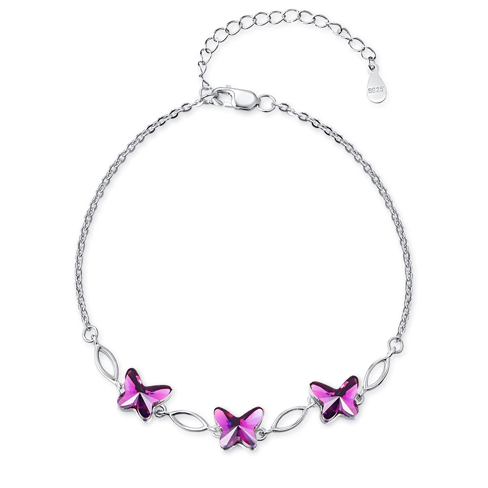 DreamBoat 925 Sterling Silver Purple Crystal Butterfly Bracelet for Women - Elegant Animal Jewelry, Dainty Crystal Bracelet, Unique Butterfly Gift for Her - Perfect for Birthday, Anniversary & Everyday Wear