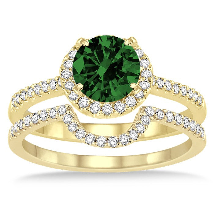 2 Carat Emerald Halo Bridal Set Engagement Ring in 10k Yellow Gold - Perfect for Proposals, Weddings & Anniversary Gifts