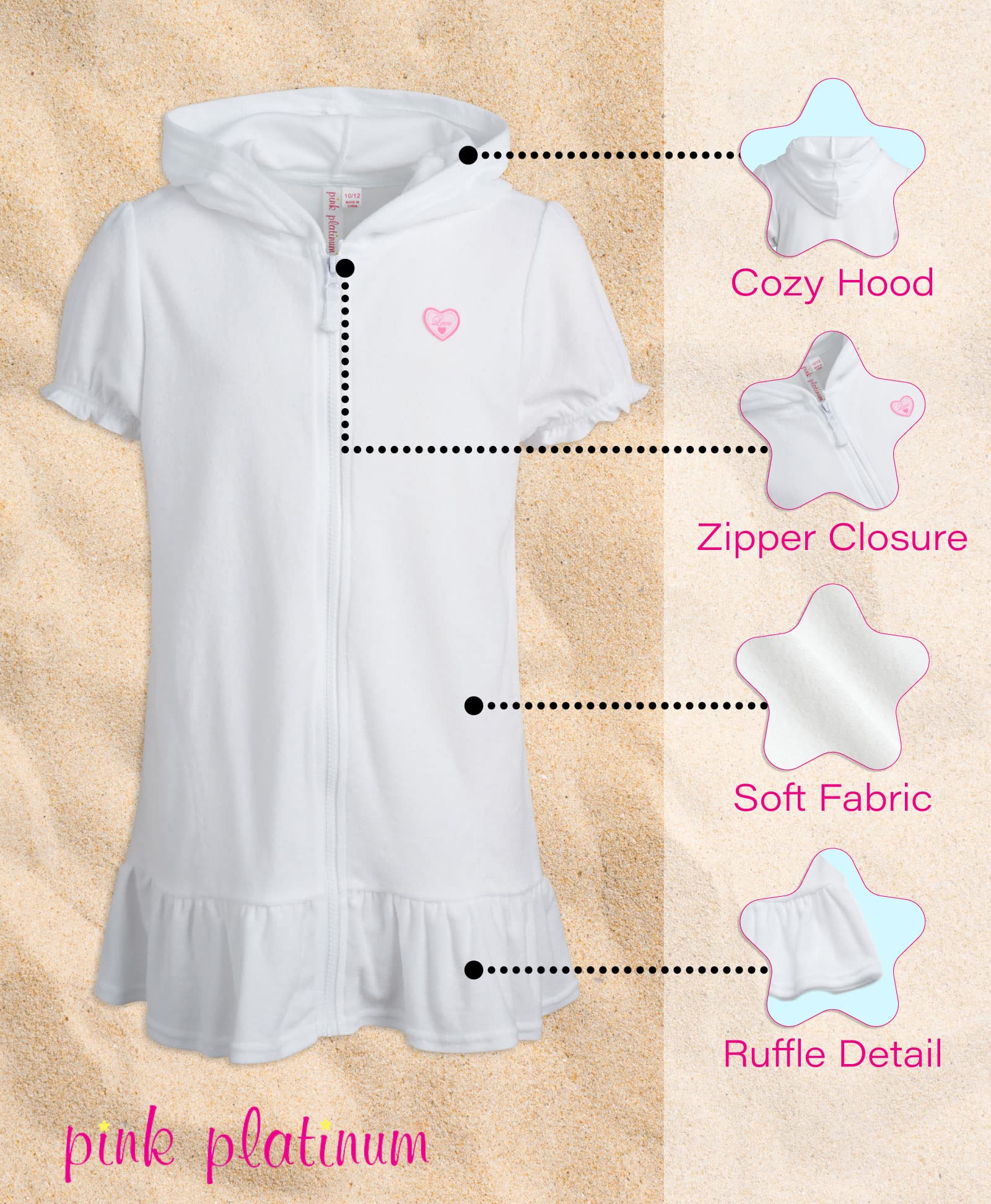 Pink Platinum Girls' Swim Cover Up Hooded Terry Cloth Bathrobe with Full Zip - Ruffled Swim Dress for Toddler to Teen 2T-16 - Perfect for Poolside, Beach Vacation & Spa Day