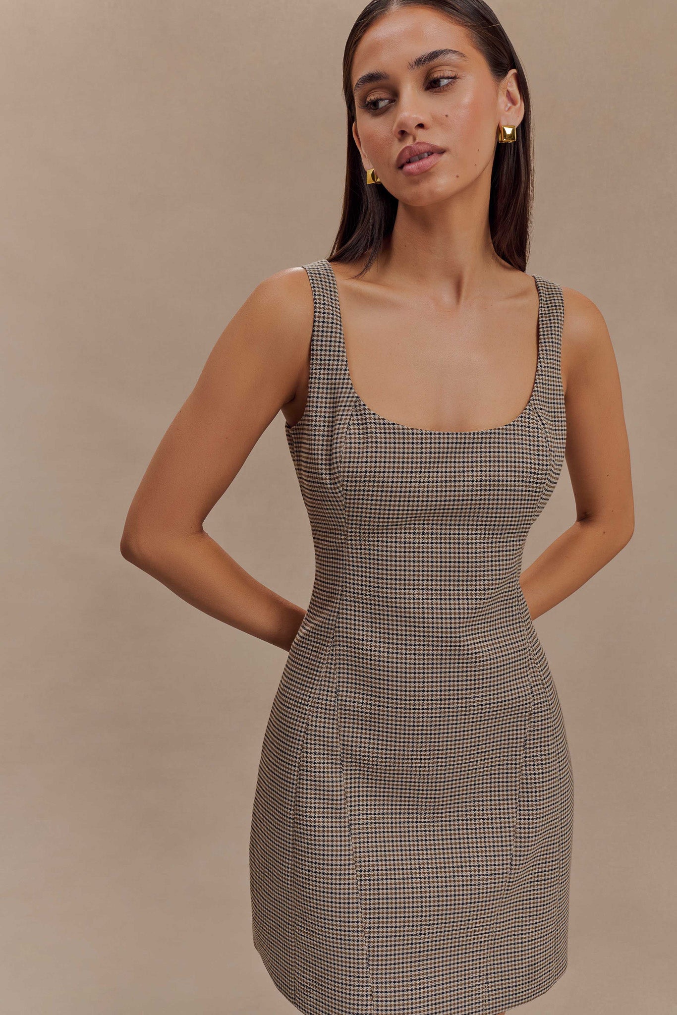 Beth Mini Dress in Tan Check - Stylish Floral Print Summer Dress for Women | Perfect for Beach Vacations, Parties & Date Nights