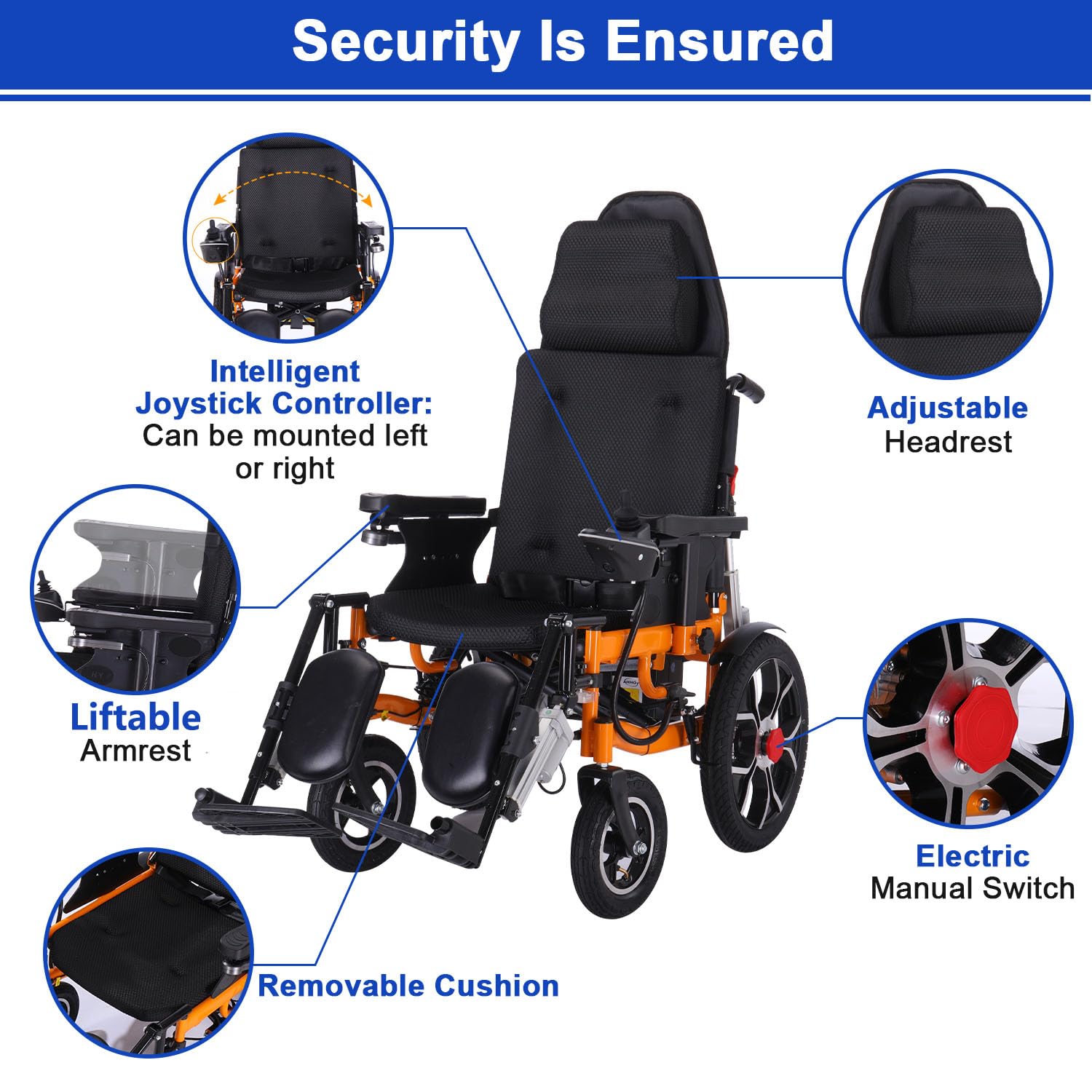 Electric Reclining Wheelchair for Adults - Foldable, Lightweight Power Wheelchair with Remote Control, 20 Miles Long Range Battery & Adjustable Headrest - Ideal for Seniors, Indoor/Outdoor Mobility & Travel Use