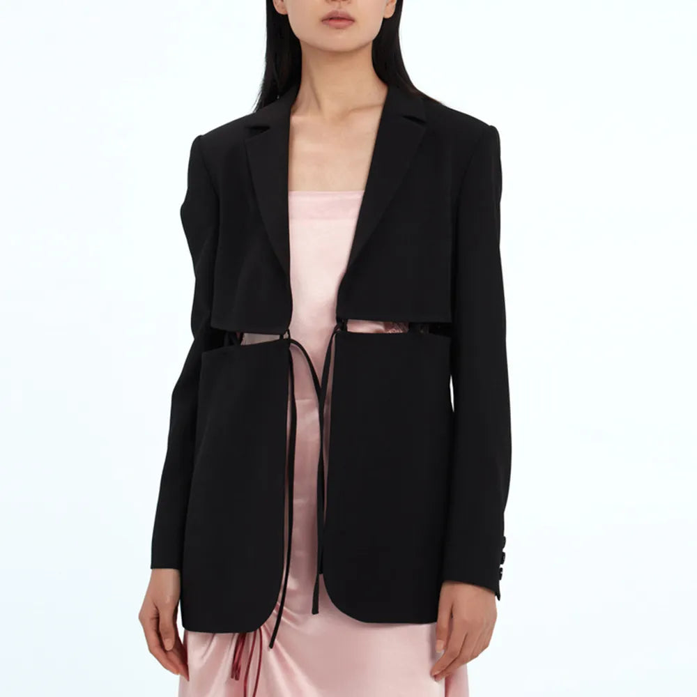 Women's Bandage Blazer - Notched Collar Long Sleeve Solid Minimalist Jacket | Office Wear, Business Casual & Formal Outfits
