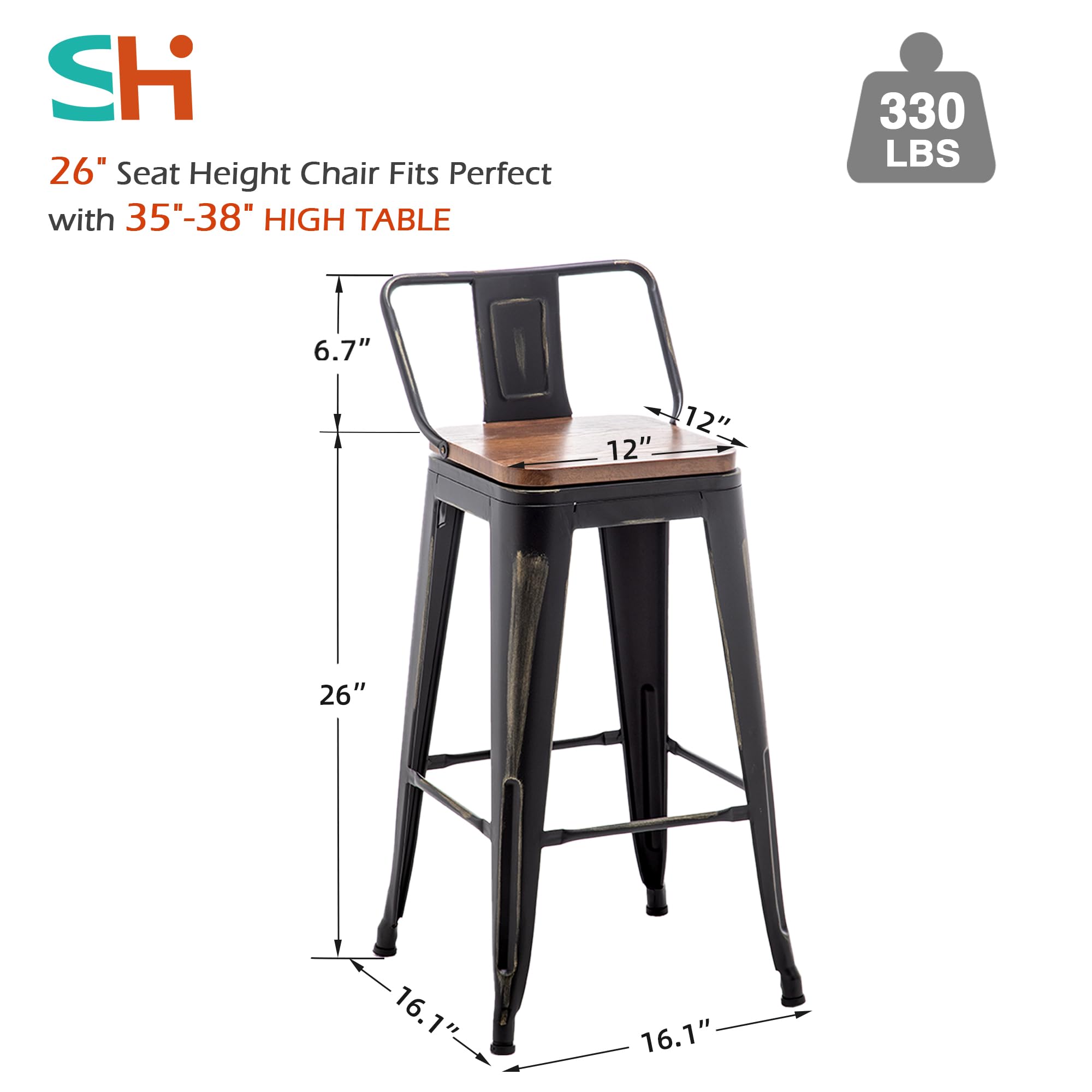 26 Inch Bar Stools Set of 4 - Counter Height Swivel Bar Chairs with Gold Finish & Back Support - Modern Kitchen Stools for Breakfast Nook, Home Bar & Dining Counter - Black Metal Barstools