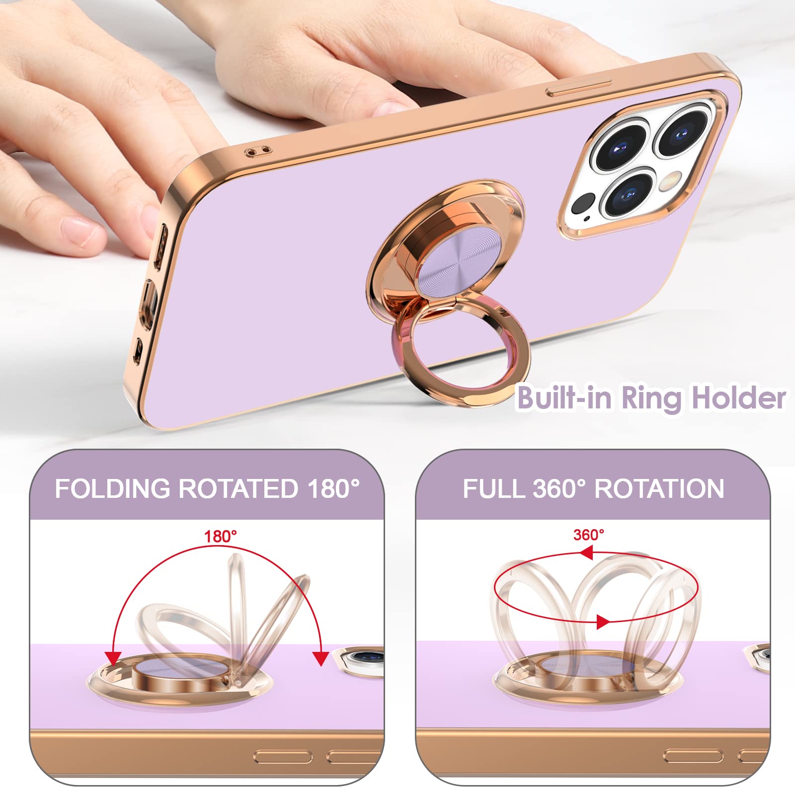 Hython Magnetic iPhone 13 Pro Case with 360° Rotatable Ring Stand & Kickstand - Rose Gold Plated Edge, Slim Soft TPU Luxury Phone Cover (Purple) - Perfect for Car Mounting, Hands-Free Viewing & Daily Protection
