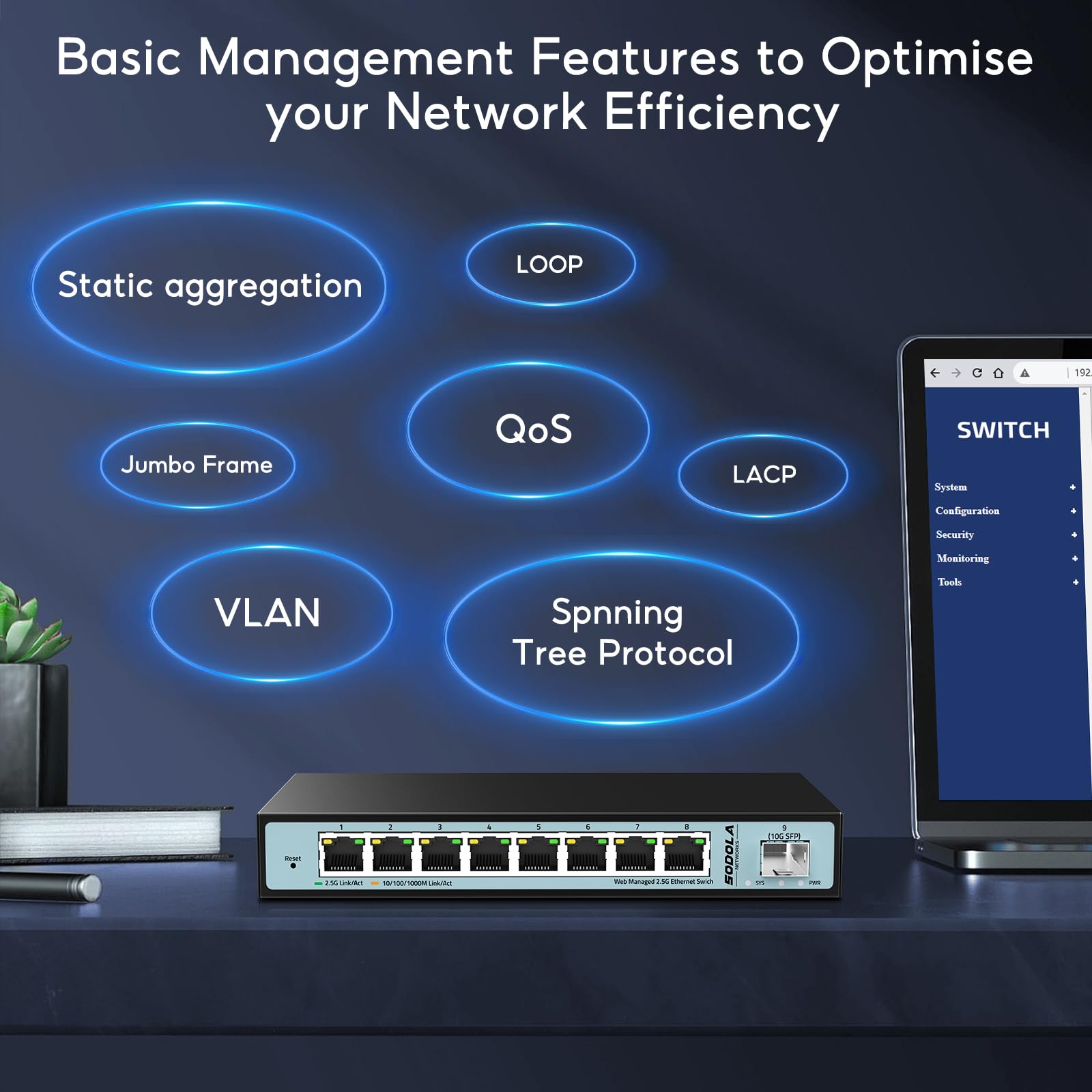SODOLA 9-Port 2.5G Smart Managed Ethernet Switch with 10G SFP Slot - 8 x 2.5G Base-T Ports, Static Aggregation, QoS, VLAN, IGMP Support - Fanless Metal Design for Home Office & Small Business Networks