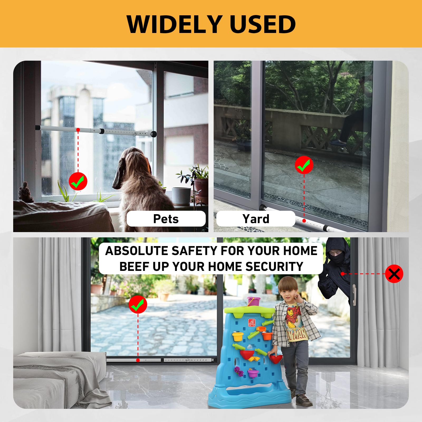 2 Pack Adjustable Sliding Door Security Bar 16.5-51 Inch - Heavy Duty Patio Door Lock with Rubber Tips, 1.1 Inch Diameter White Metal Window Bar for Home Security - Perfect for French Doors, Balcony & Apartment Safety