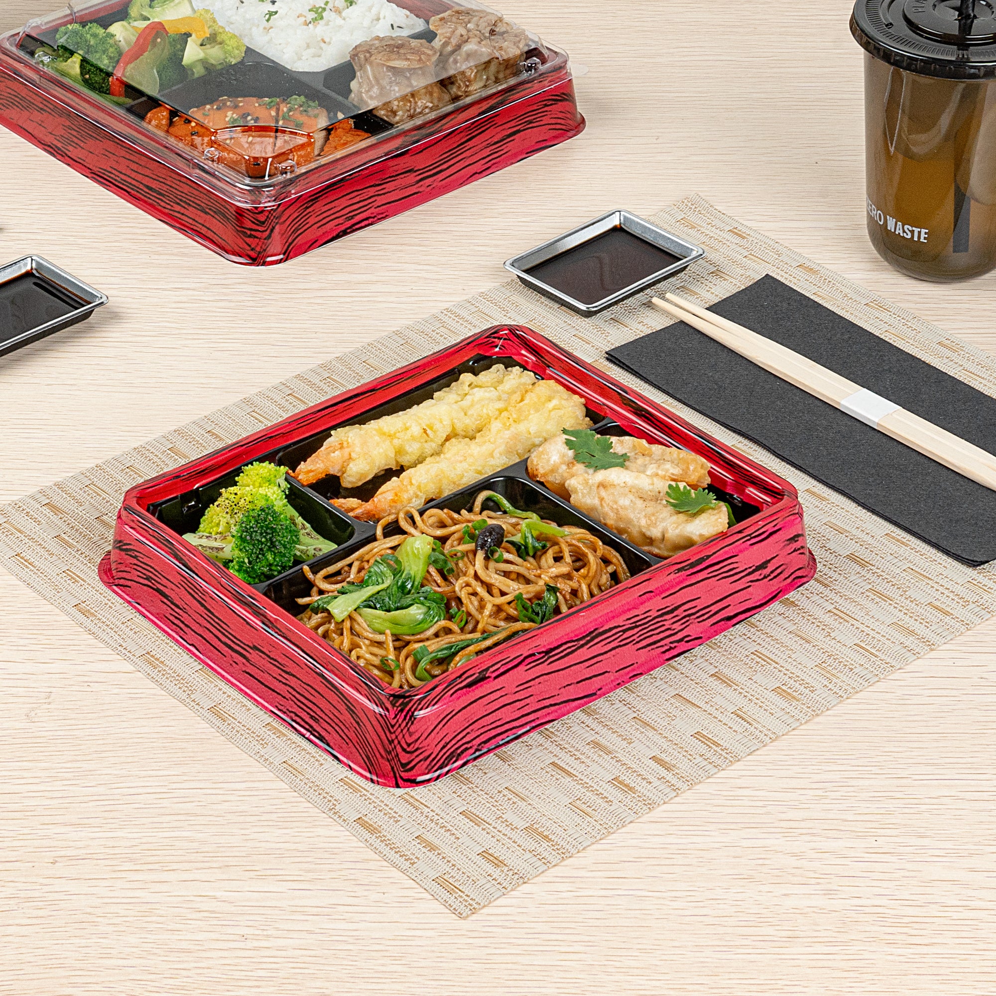 Bento Tek 15 oz Rectangle Red and Black Plastic Bento Box with 4 Compartments - 8.75