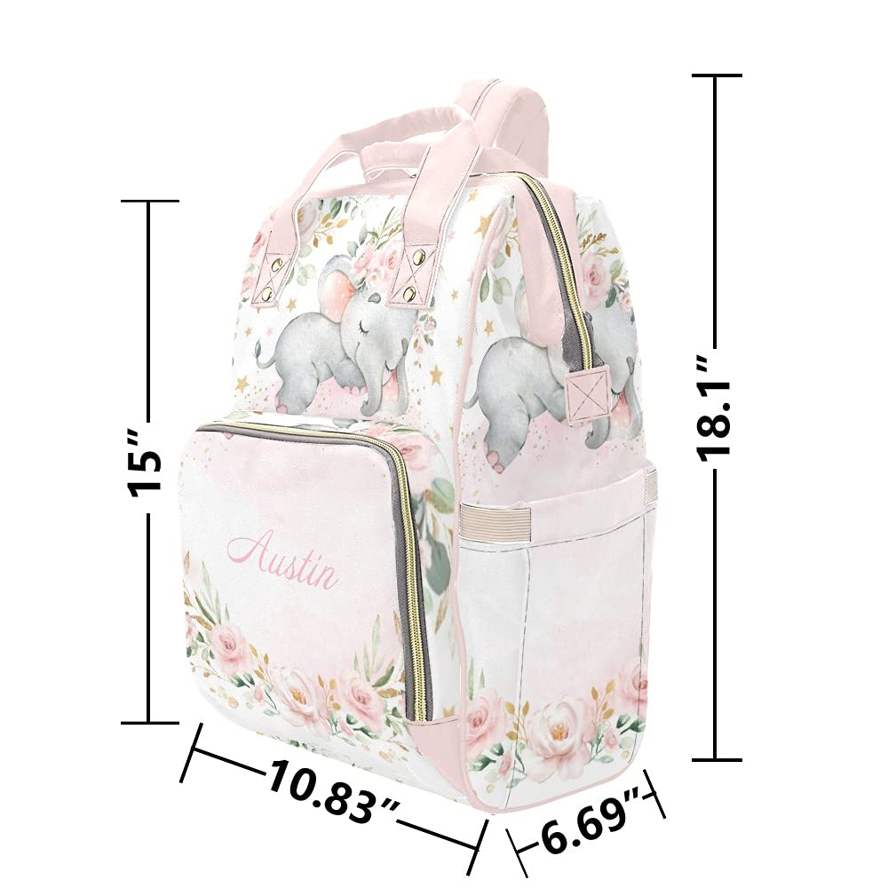 Personalized Blush Gold Elephant Floral Diaper Backpack - Large Capacity Custom Baby Bag with Name Text - Multi-Functional Unisex Travel Backpack for Mom, Dad, Boys & Girls - Perfect for Daycare, Travel & Family Outings