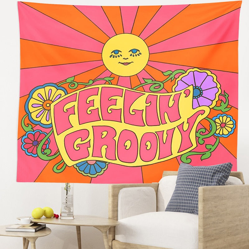 Feeling Groovy Tapestry Wall Hanging - Boho Chic Room Decor for Bedroom, Living Room & Dorm - Hippie Aesthetic Home Decoration for Music Festival & Meditation Space