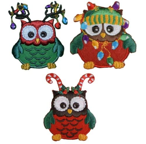 Christmas Owl Iron On Applique Patches - Festive Lights, Antlers & Candy Cane Design (3-Pack) - DIY Sewing Crafts for Hats, Shirts, Shoes, Jeans & Bags - Perfect for Holiday Decorations & Gift Making