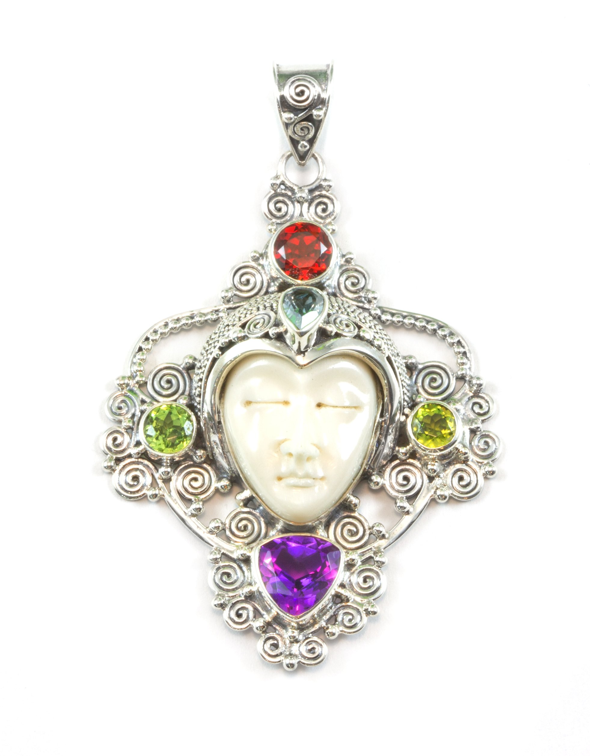 Elegant Sterling Silver Moon Goddess Necklace with Simulated Amethyst & Peridot - Large Filigree Pendant for Women | Perfect for Boho Jewelry, Spiritual Gifts & Witchy Fashion Accessories