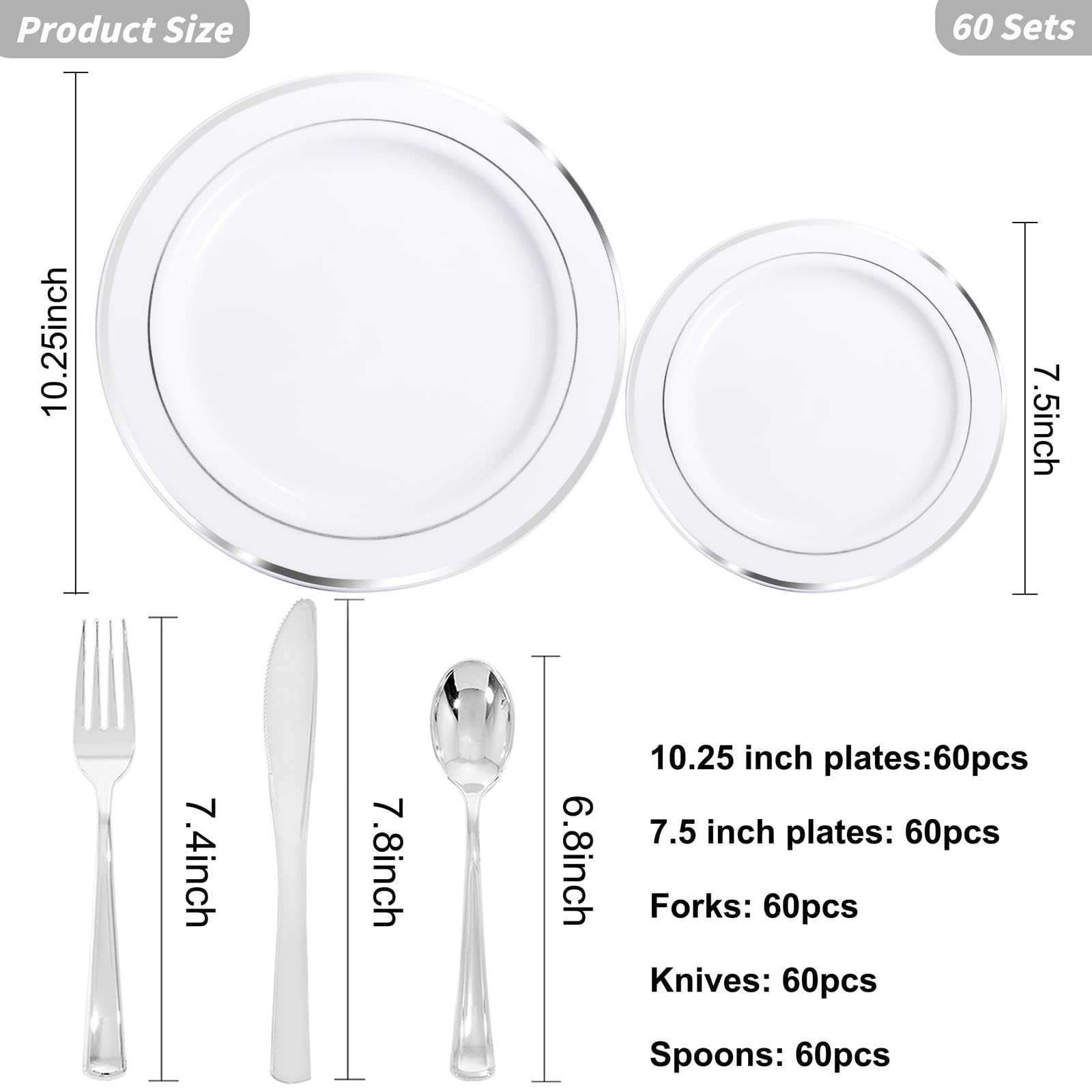 300-Piece Silver Plastic Dinnerware Set - 60 Disposable 10.25