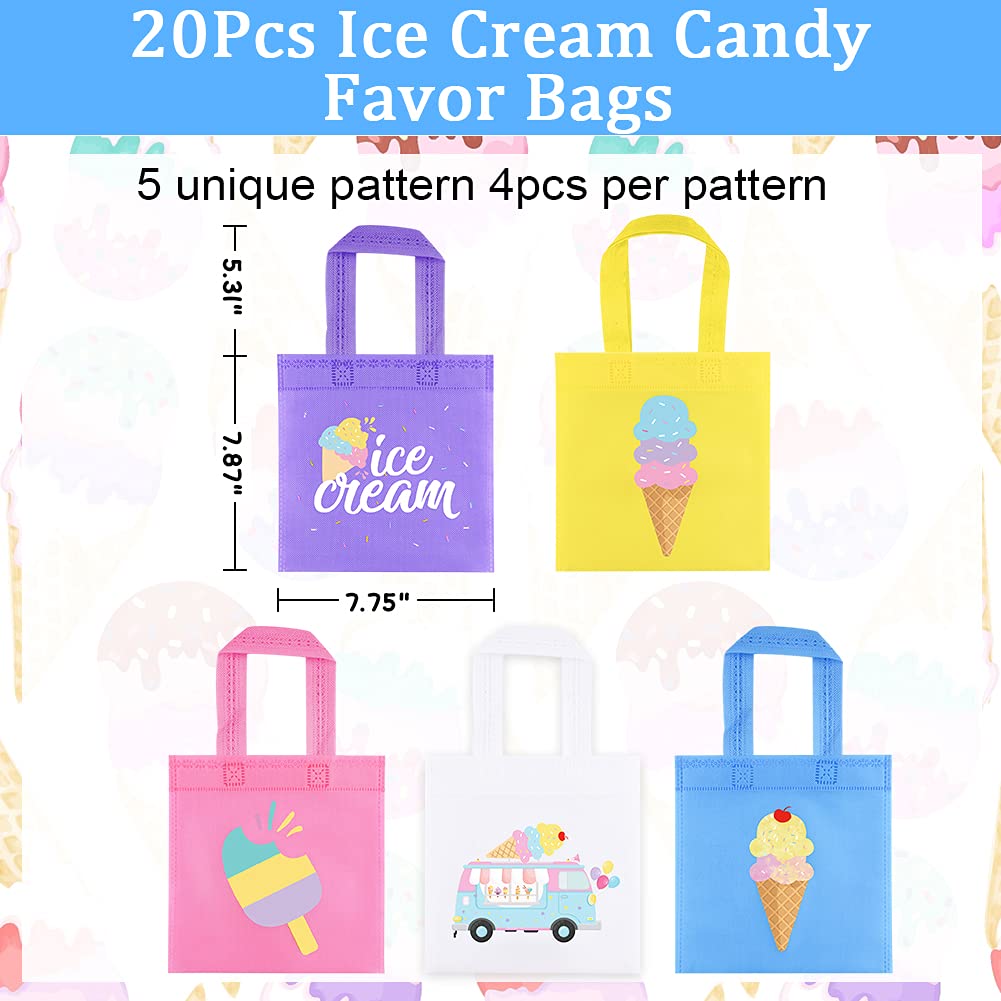 20Pcs Ice Cream Party Favor Bags - Reusable Non-Woven Gift & Candy Tote Bags for Kids Birthday, Baby Shower & Summer Themed Parties - Perfect for Ice Cream Theme Decorations & Sweet Treats Storage