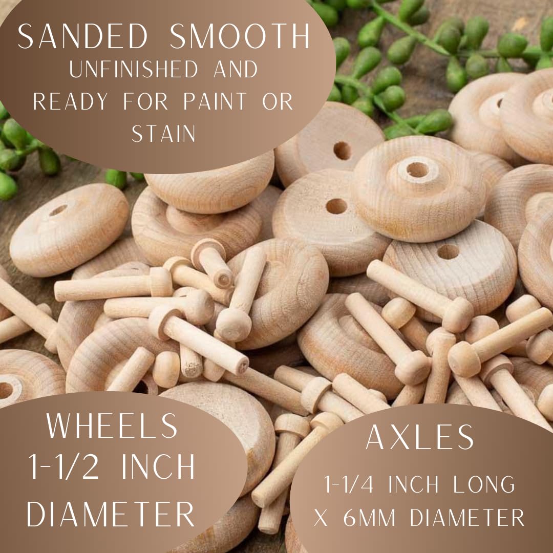 Unfinished Wooden Wheels and Axle Pegs for DIY Crafts - 1.5
