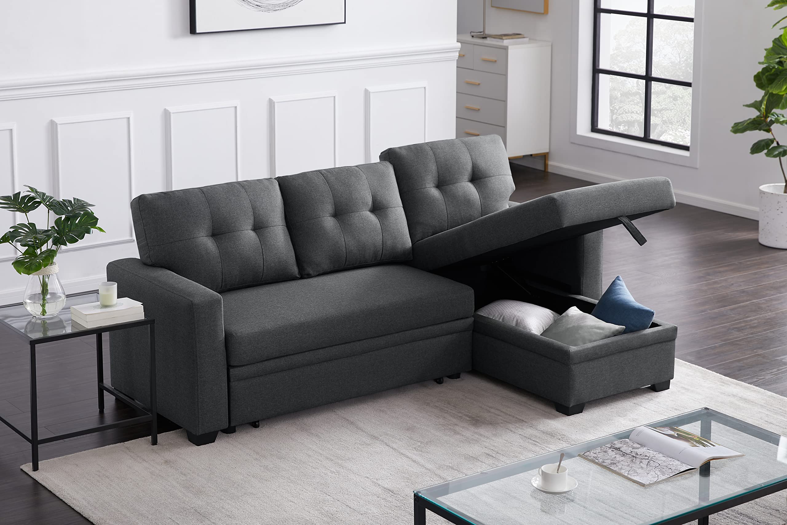 Devion Furniture Russ Convertible Sofa Bed with Storage, Dark Gray - Modern Sleeper Sofa for Small Spaces, Living Room & Guest Room