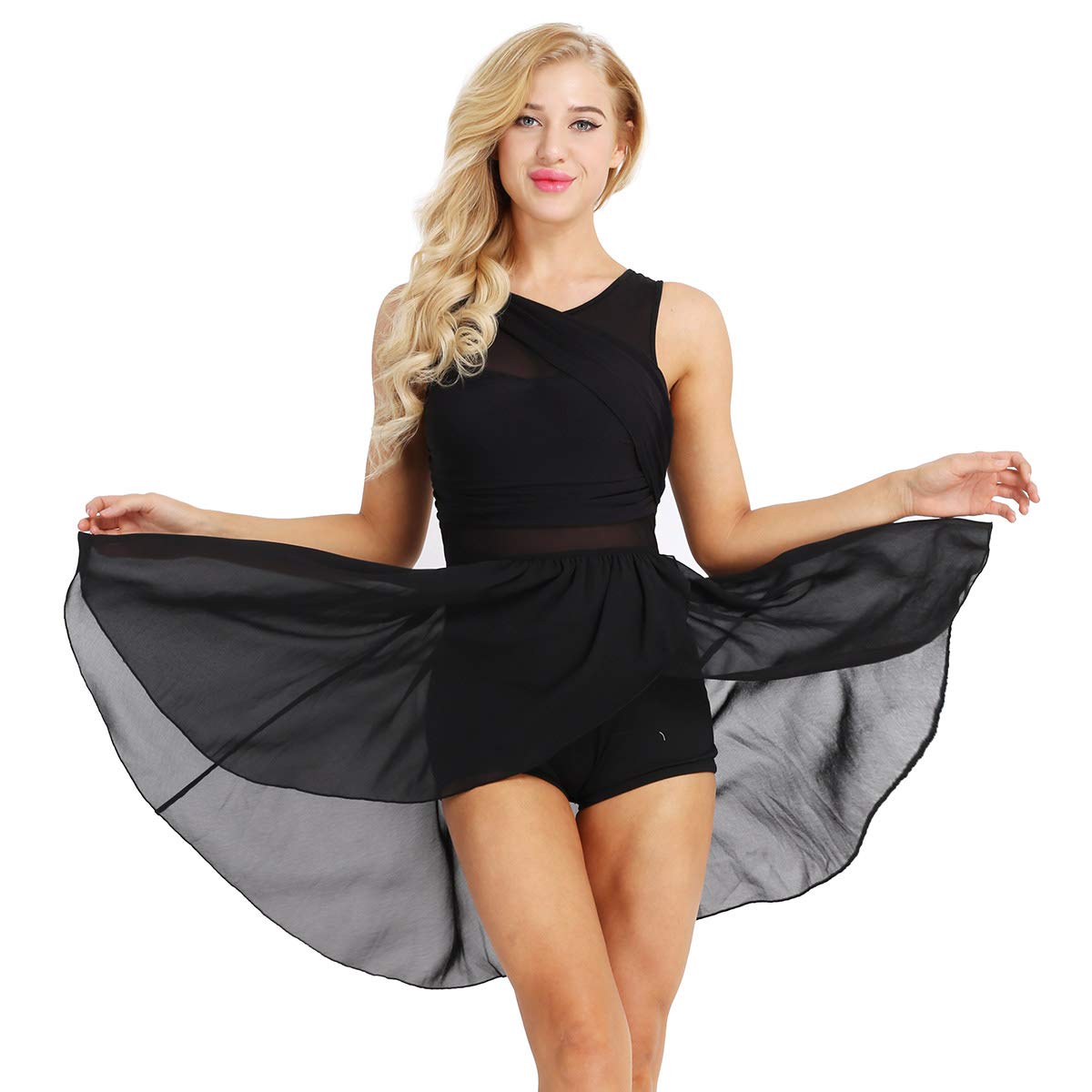 Elegant Lyrical Dance Costumes for Women - V-Neck High-Low Ballet Leotard Dress | Perfect for Gymnastics, Contemporary Dance & Performance