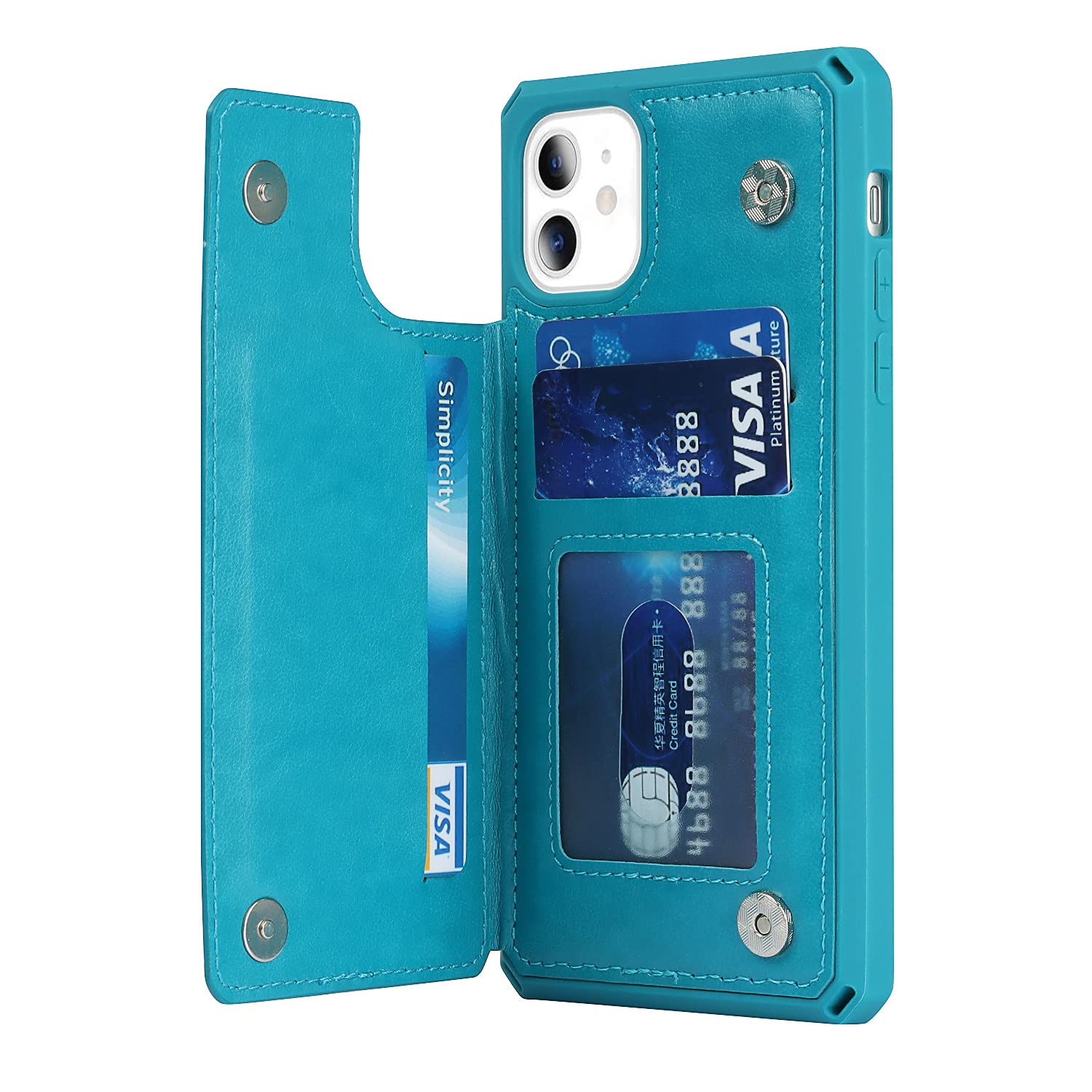 Premium Leather Wallet Case for iPhone 11 with Card Holder & Wrist Strap - Shockproof Protective Cover with Stand Feature (Heart Blue) | Perfect for Everyday Use, Travel, and Hands-Free Convenience