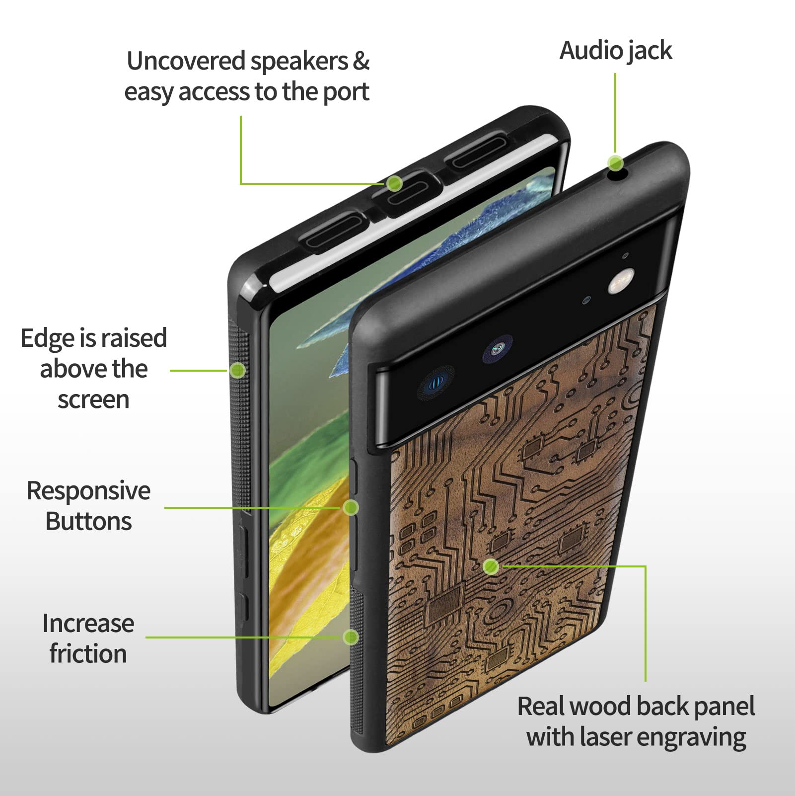 Carveit Wooden Phone Case for Google Pixel 6 (2021) - Natural Walnut Wood & Black TPU Hybrid Shockproof Protective Cover | Slim Durable Design for Everyday Use & Business Professionals