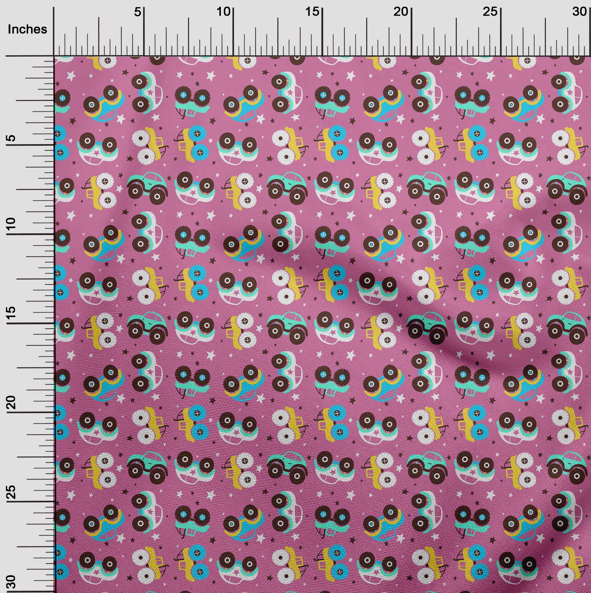 Premium 100% Cotton Poplin Fabric - Light Pink Car Print for Kids Nursery, Quilting & Sewing Projects - 56