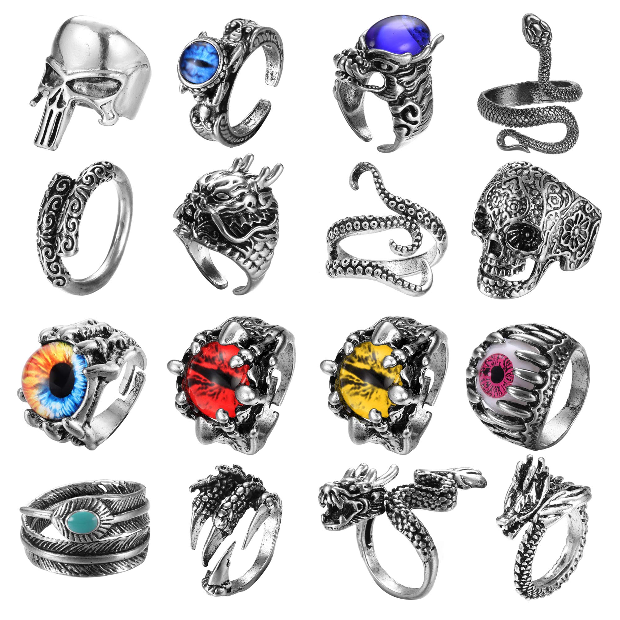 Vintage Punk Rings Set for Men & Women - 16 Piece Gothic Jewelry with Dragon, Snake, Skull & Octopus Designs - Adjustable Silver & Black Rings for Alternative Fashion, Halloween & Cosplay