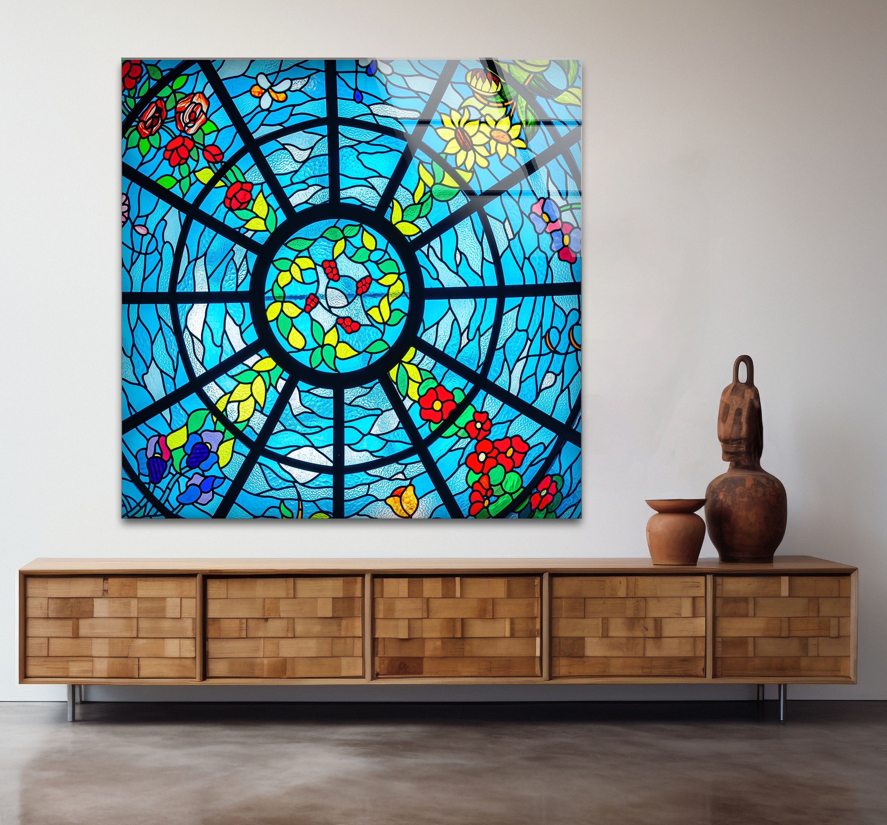 Blue Stained Glass Wall Art - Vibrant Floral & Ocean Window Design for Home & Office Decor | Perfect for Living Room, Bedroom, or Office Wall Decorations