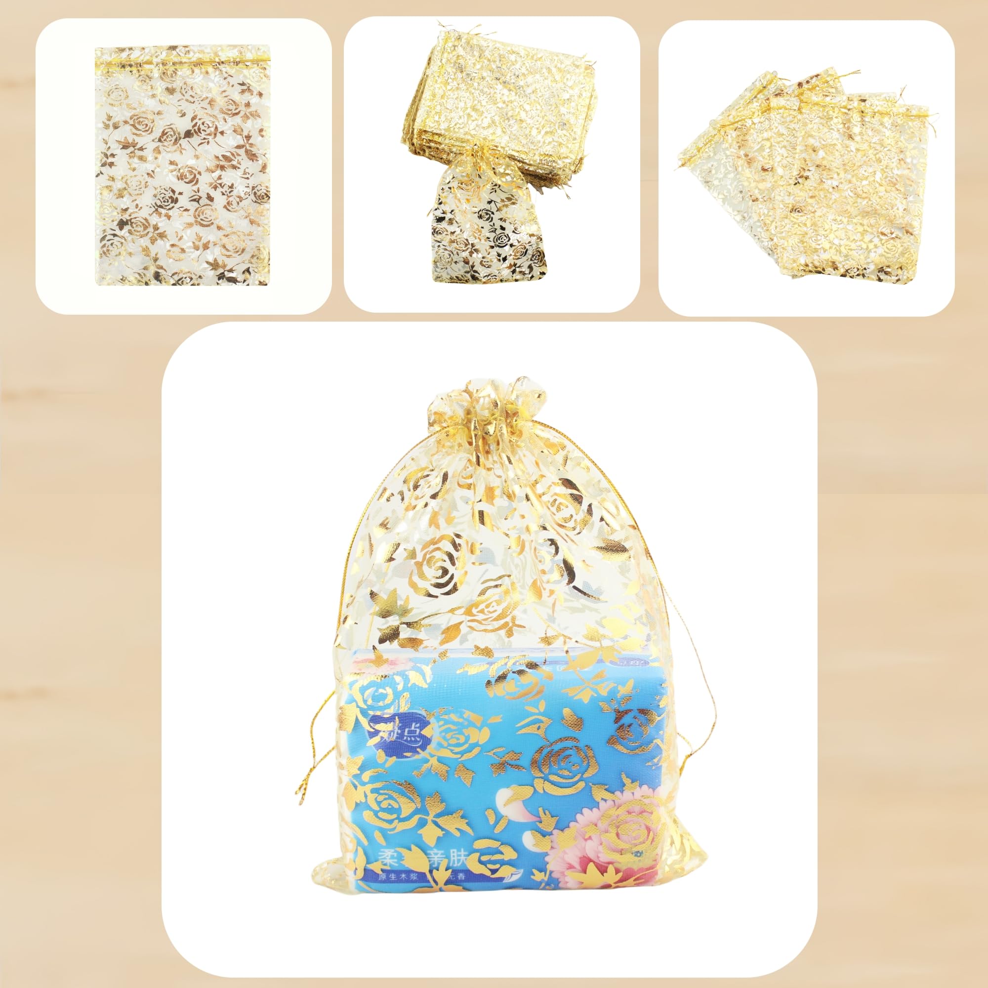 QIANHAILIZZ 100 Pack 7x9 Inch Organza Drawstring Bags - Floral Heart Design for Jewelry, Candy, Wedding Favors & Party Gifts (Gold Flower) | Perfect for Bridal Showers, Baby Showers & Birthday Party Decorations