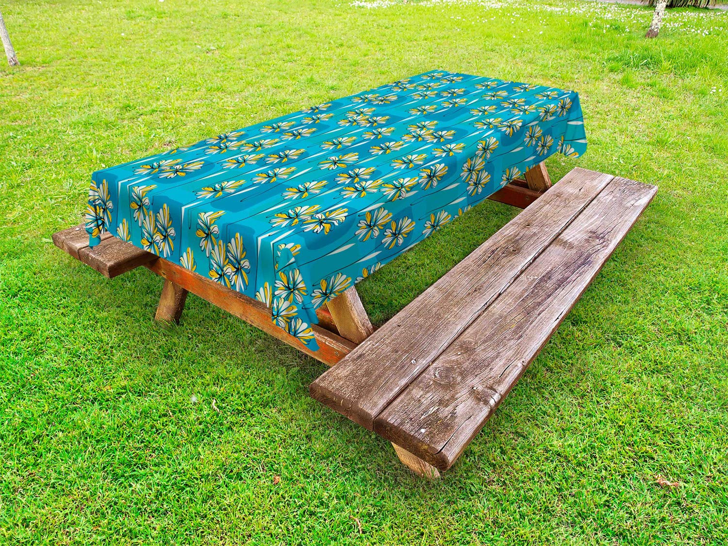 Ambesonne Floral Outdoor Tablecloth - Modern Abstract Daisy Garden Design, Washable Picnic Table Cover 58x120 Inches - Blue Yellow & White for Patio, Backyard Parties & Spring Decor
