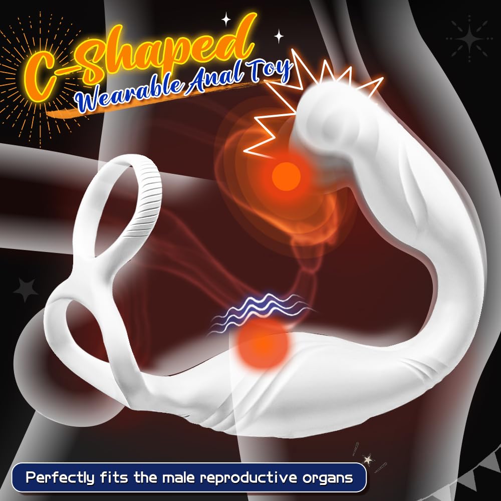 Premium Rotating Anal Vibrator & Prostate Massager for Men - Dual Silicone Cock Rings, Remote Control C-Shaped Penis Ring - Adult Sex Toys for Couples (White) - Perfect for Solo Play & Partnered Intimacy