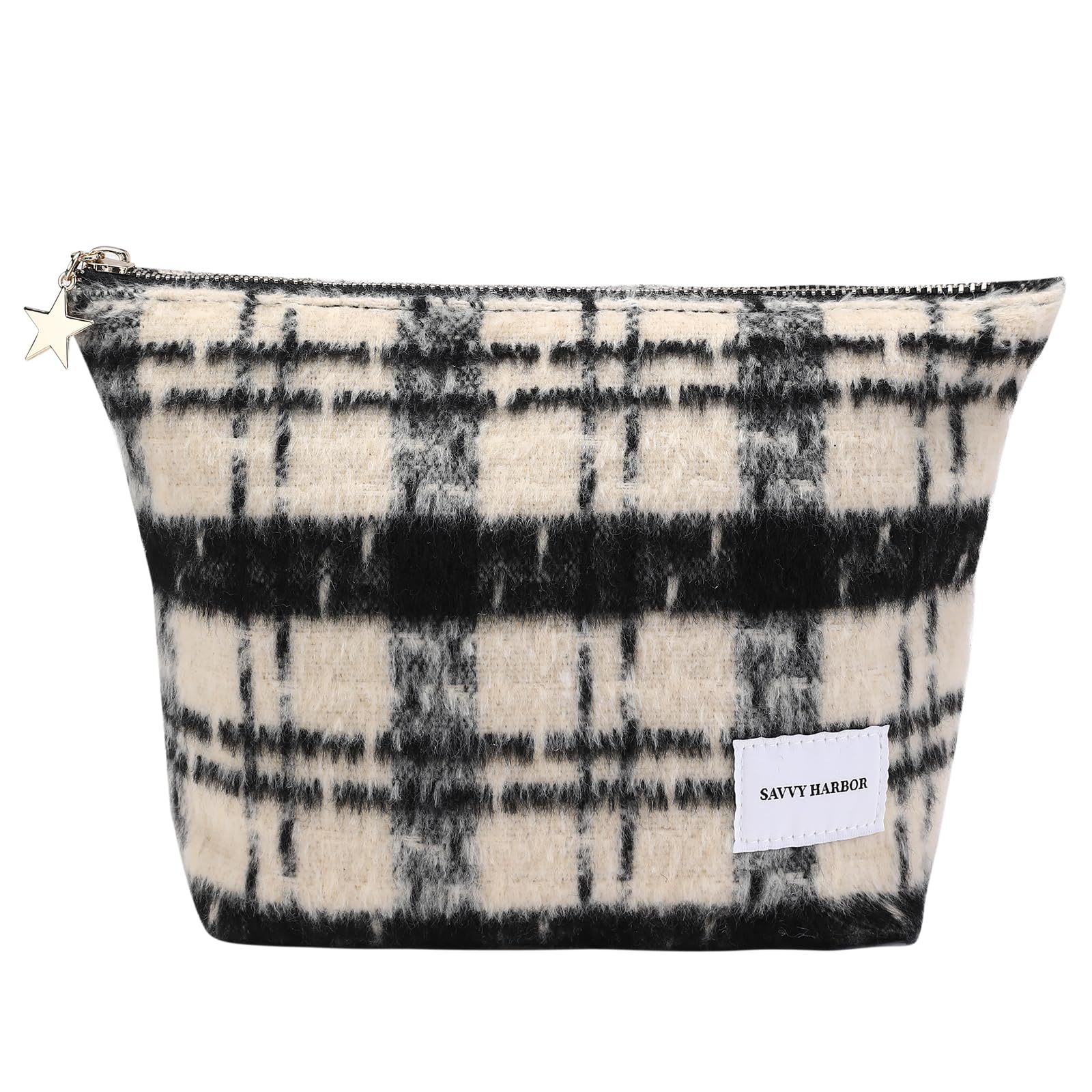 Elegant Beige Checkered Makeup Bag with Zipper - Roomy Travel Cosmetic Organizer & Toiletry Pouch for Women | Perfect Gift for Travel, Gym, and Daily Beauty Storage
