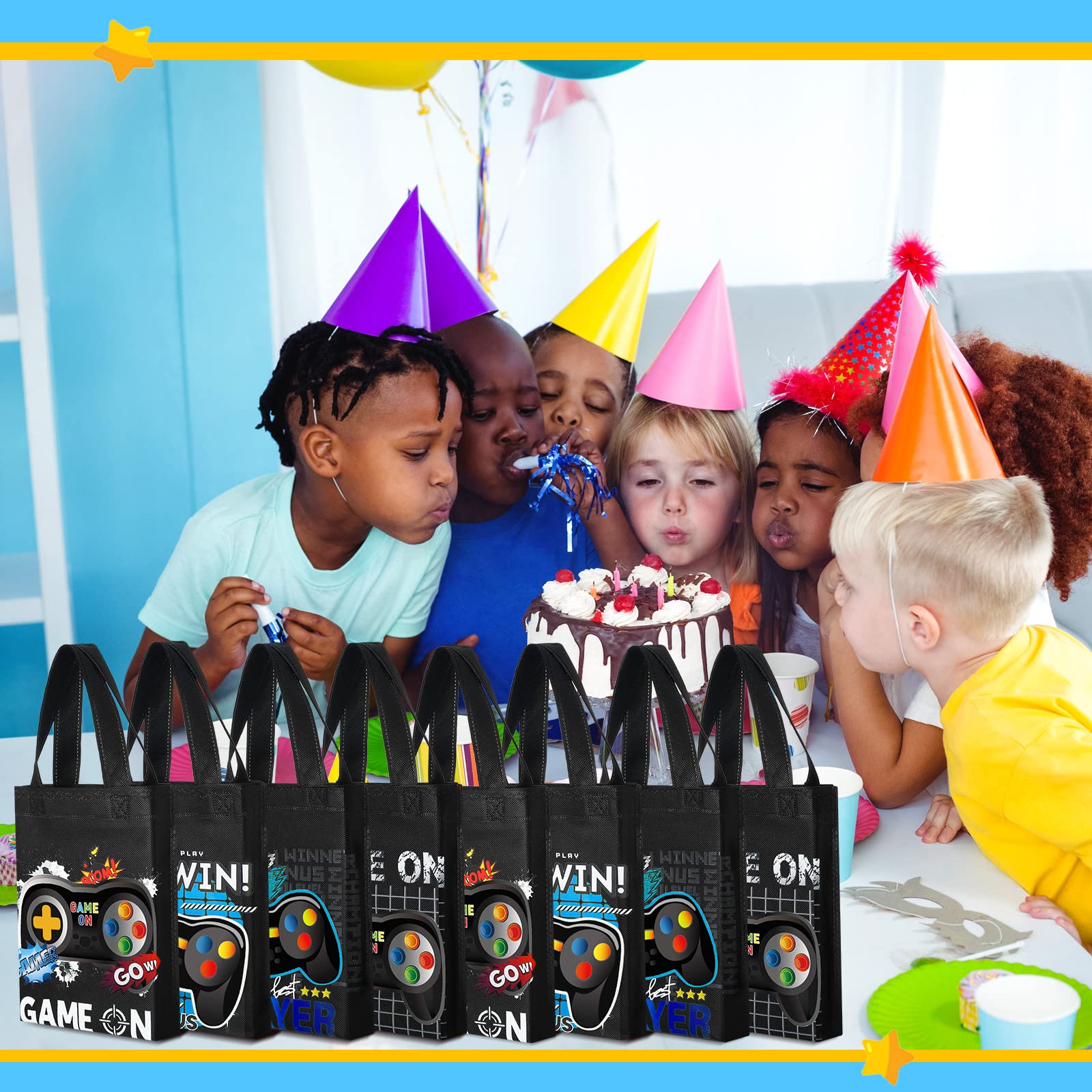24 Pack Video Game Themed Gift Bags - Reusable Party Favors with Handles for Birthday, Baby Shower & Game Night - Non-Woven Goody Treat Bags for Kids & Adults