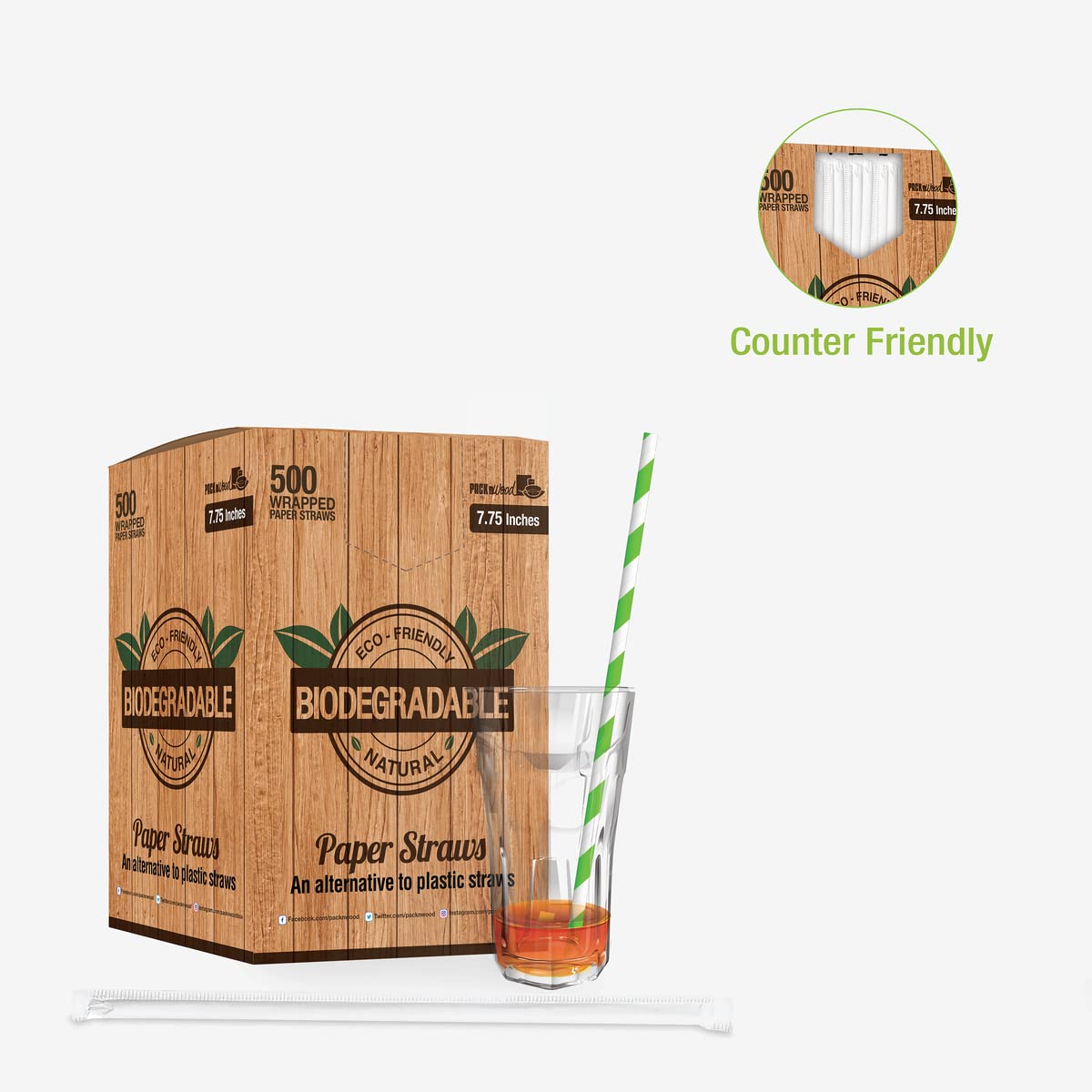 Eco-Friendly Biodegradable Green and White Striped Drinking Straws (0.4 Inch) - Perfect for Parties, Restaurants, and Sustainable Home Use